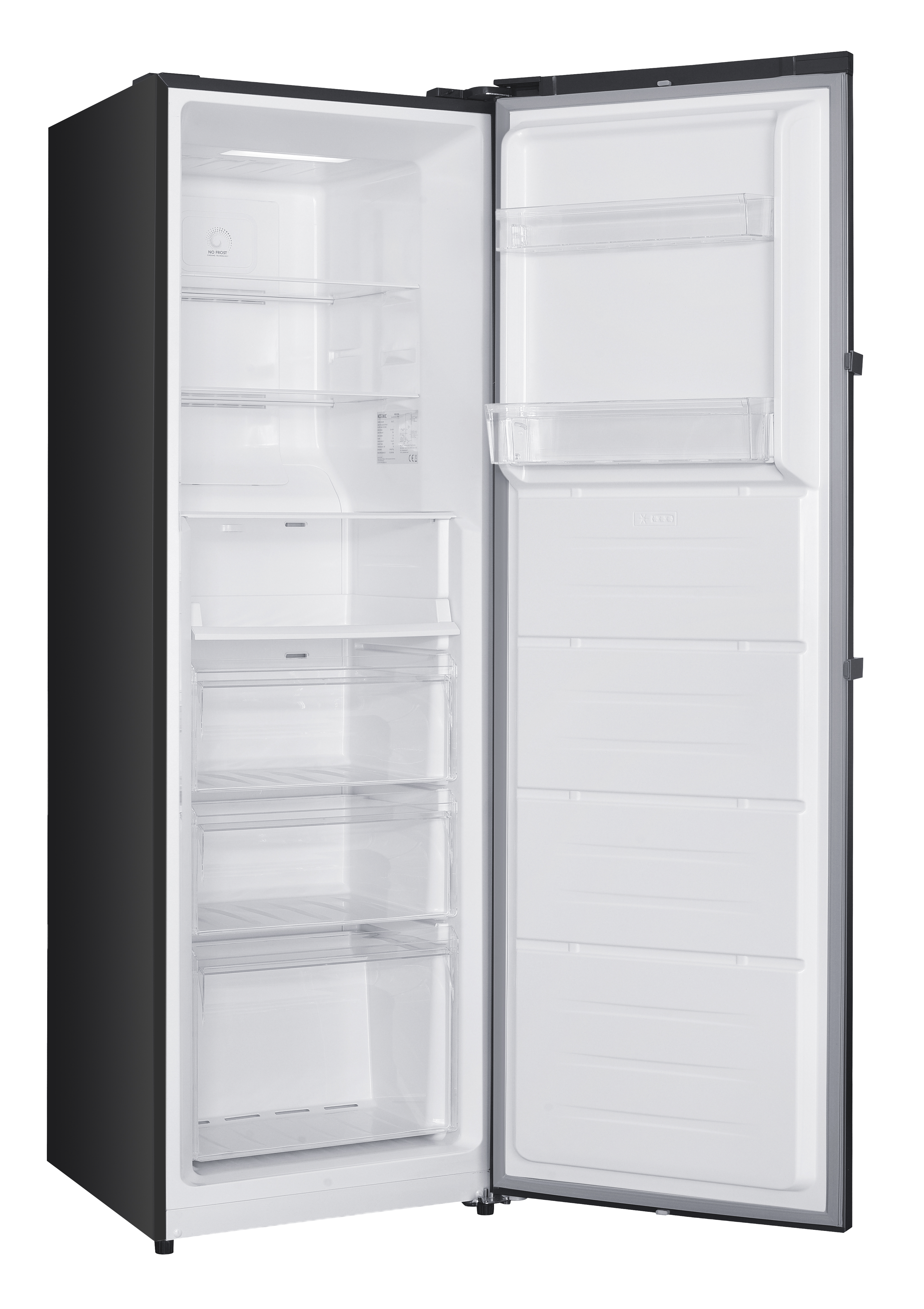 Ein schwarzer Kühlschrank mit offener Tür zeigt leere weiße Regale und Schubladen.