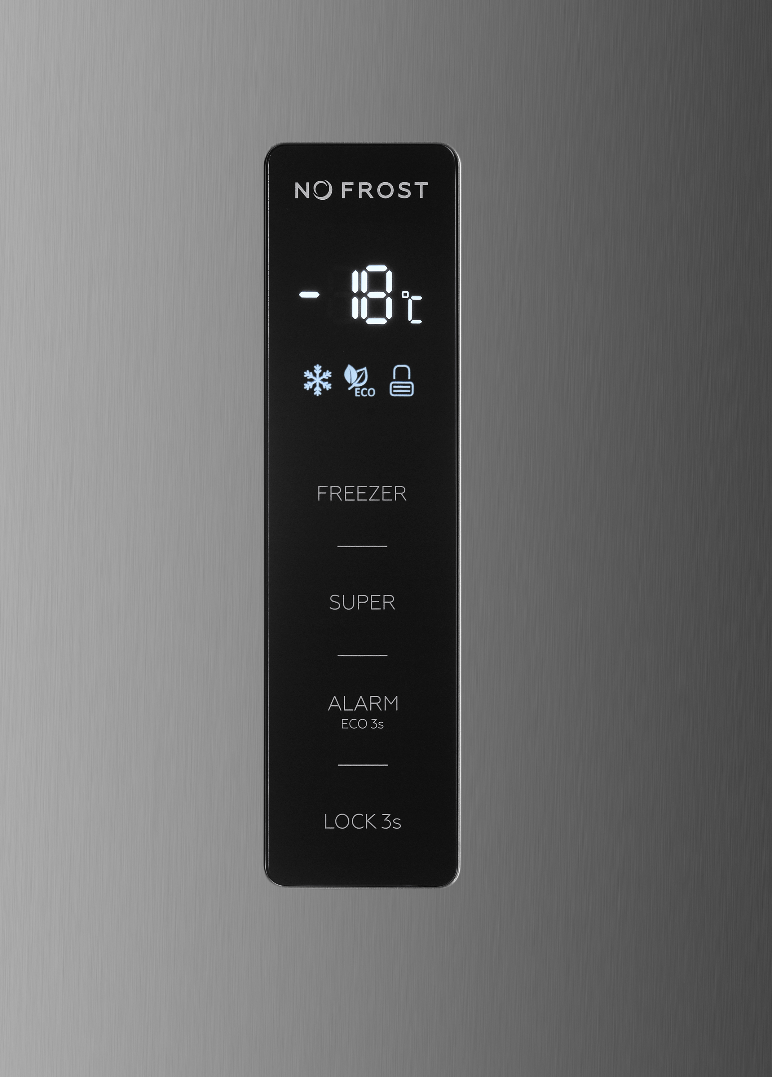 Digitalanzeige eines Kühlschranks mit -18°C, Gefrier-, Super-, Alarm- und Sperrfunktion.