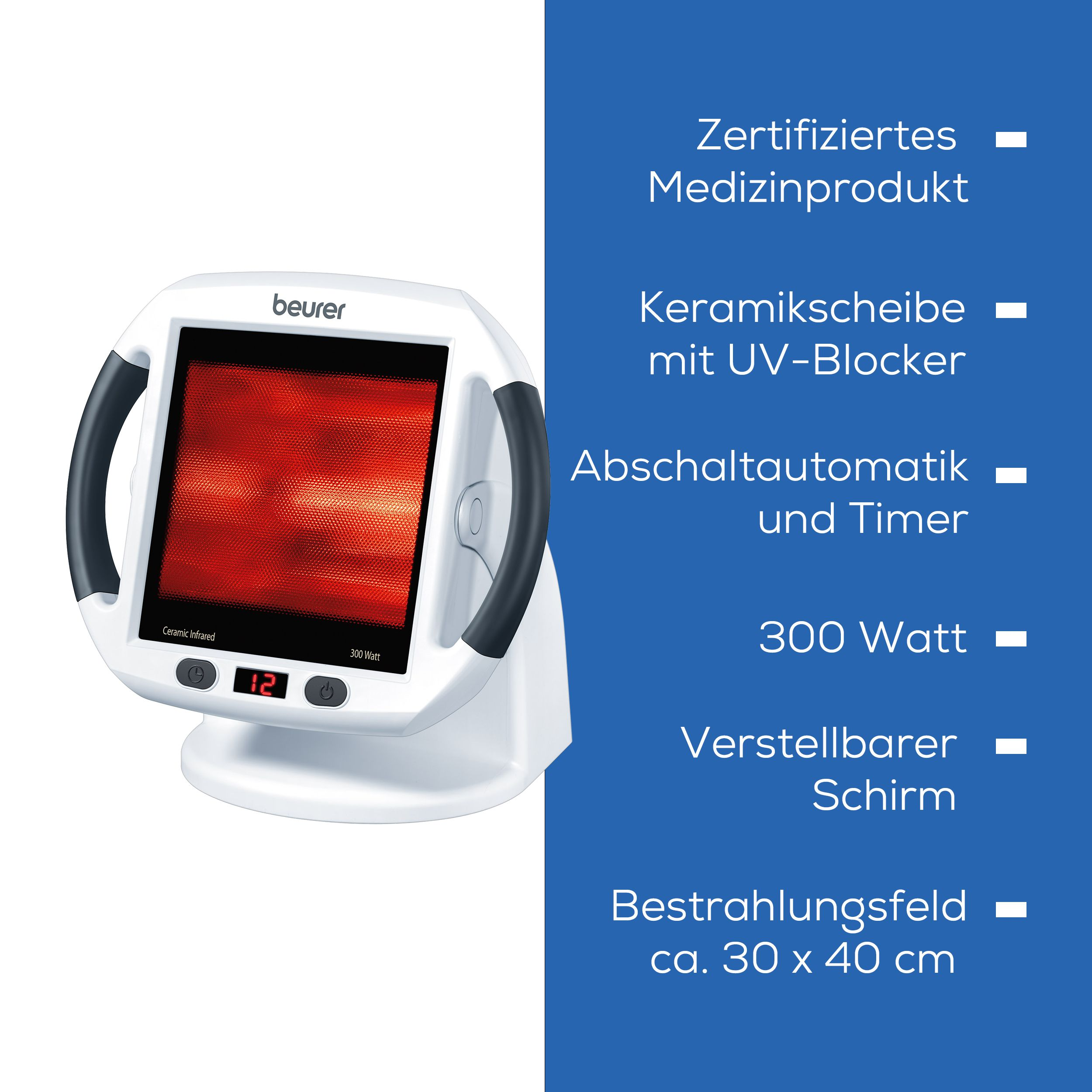 Ein weißer Infrarotstrahler mit rotem Heizelement und digitalen Anzeigen.