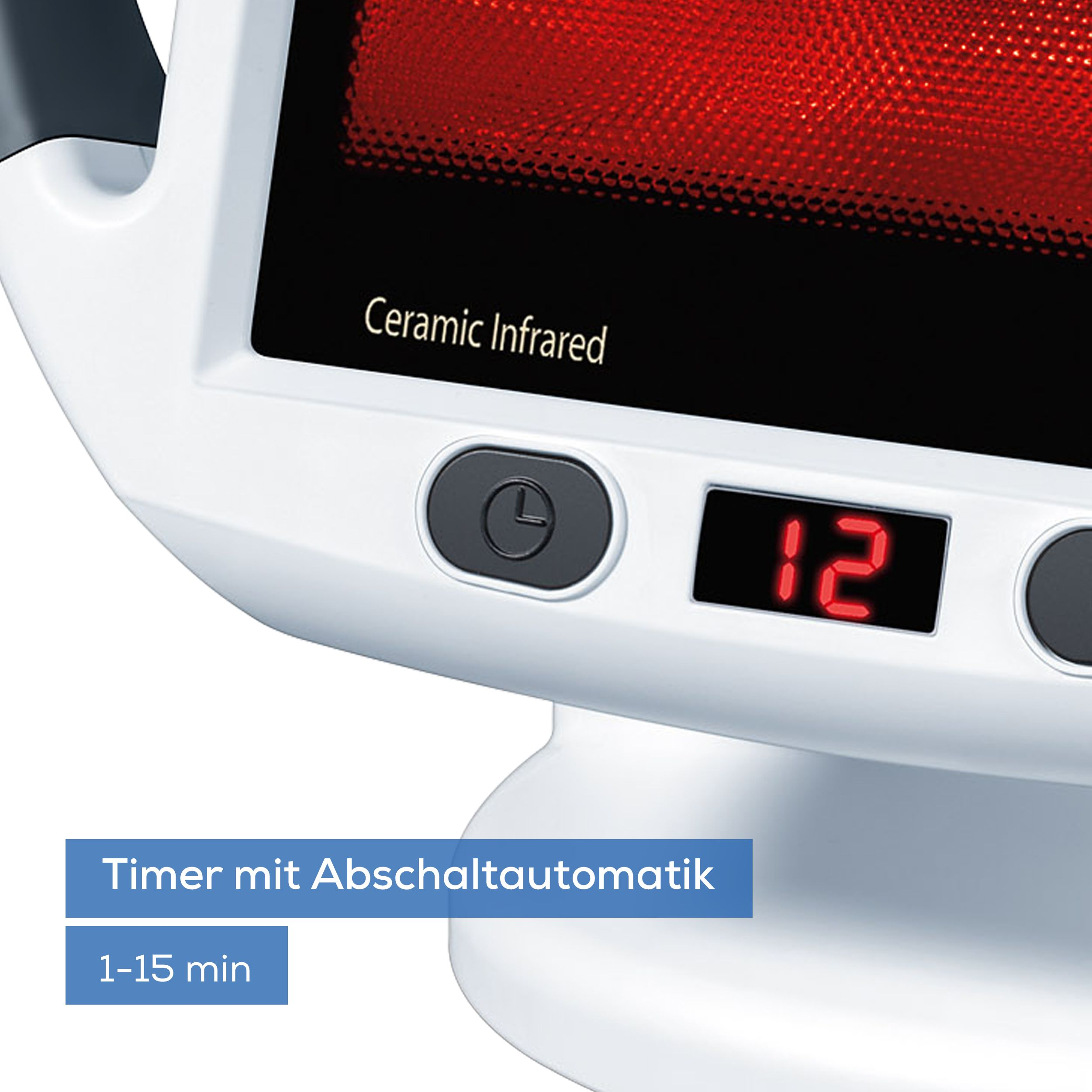 Nahaufnahme eines Infrarotstrahlers mit rotem Glühen und digitaler Zeitanzeige.