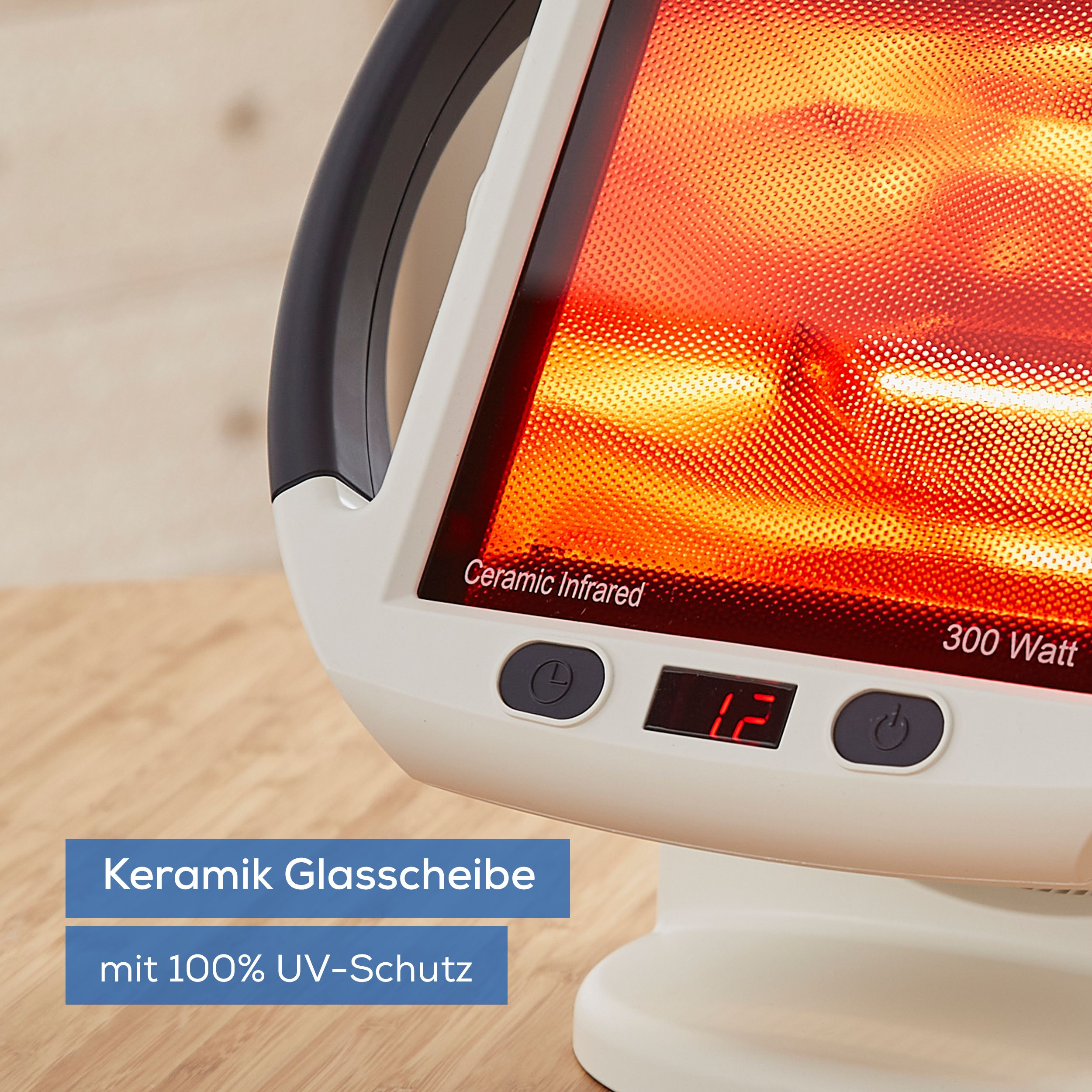 Ein Keramik-Infrarot-Heizstrahler mit 300 Watt Leistung auf einem Holztisch.