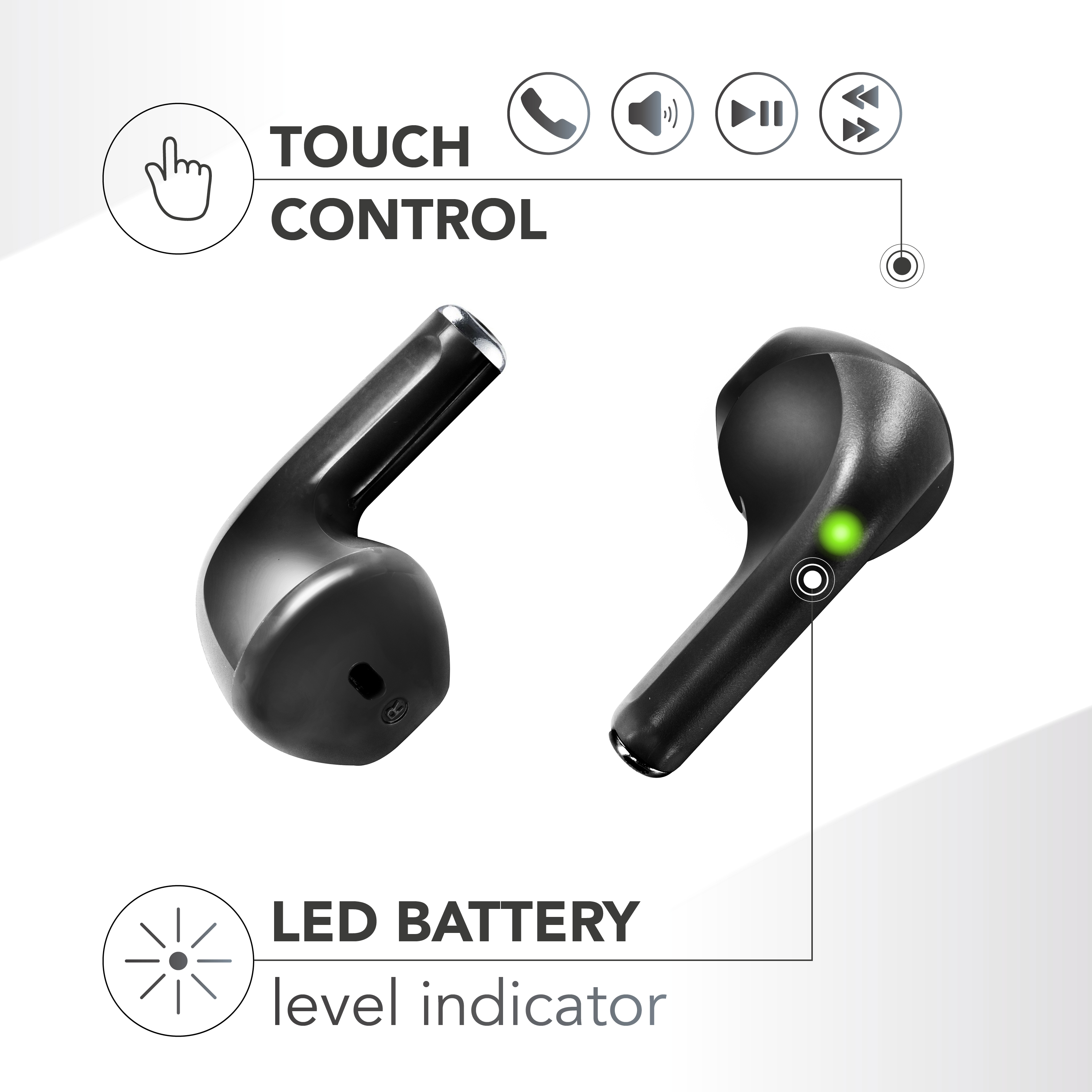 Zwei schwarze Ohrhörer mit grüner LED-Anzeige. Touch-Steuerungssymbole.