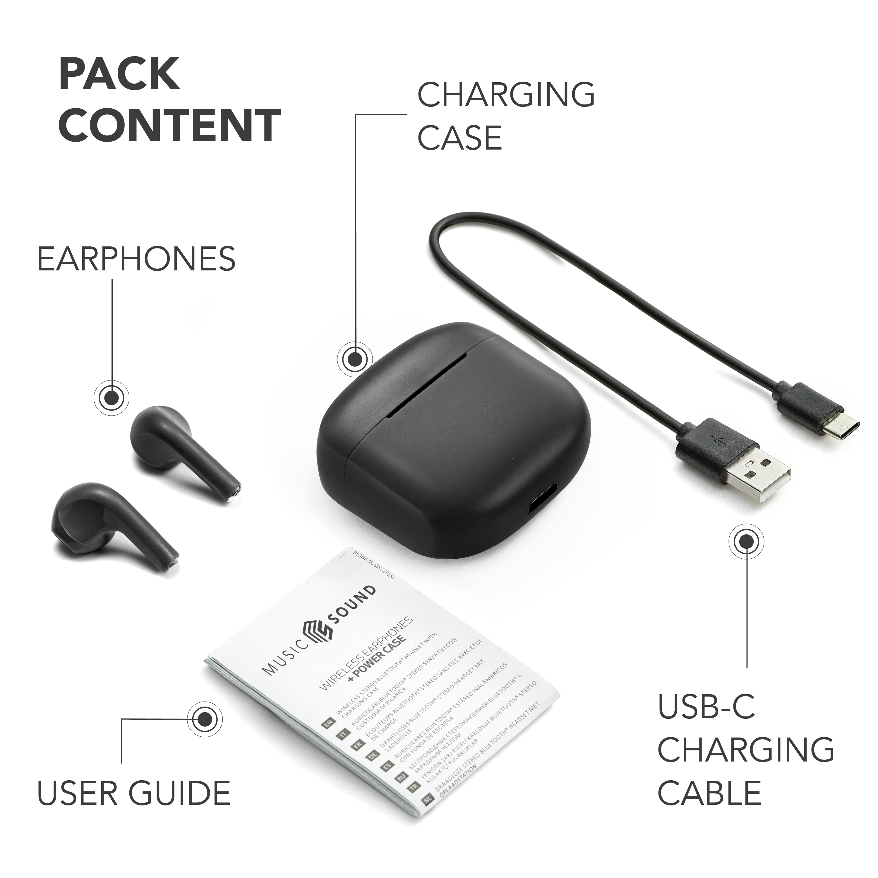 Schwarze Kopfhörer, Ladecase und USB-C Kabel mit Anleitung.
