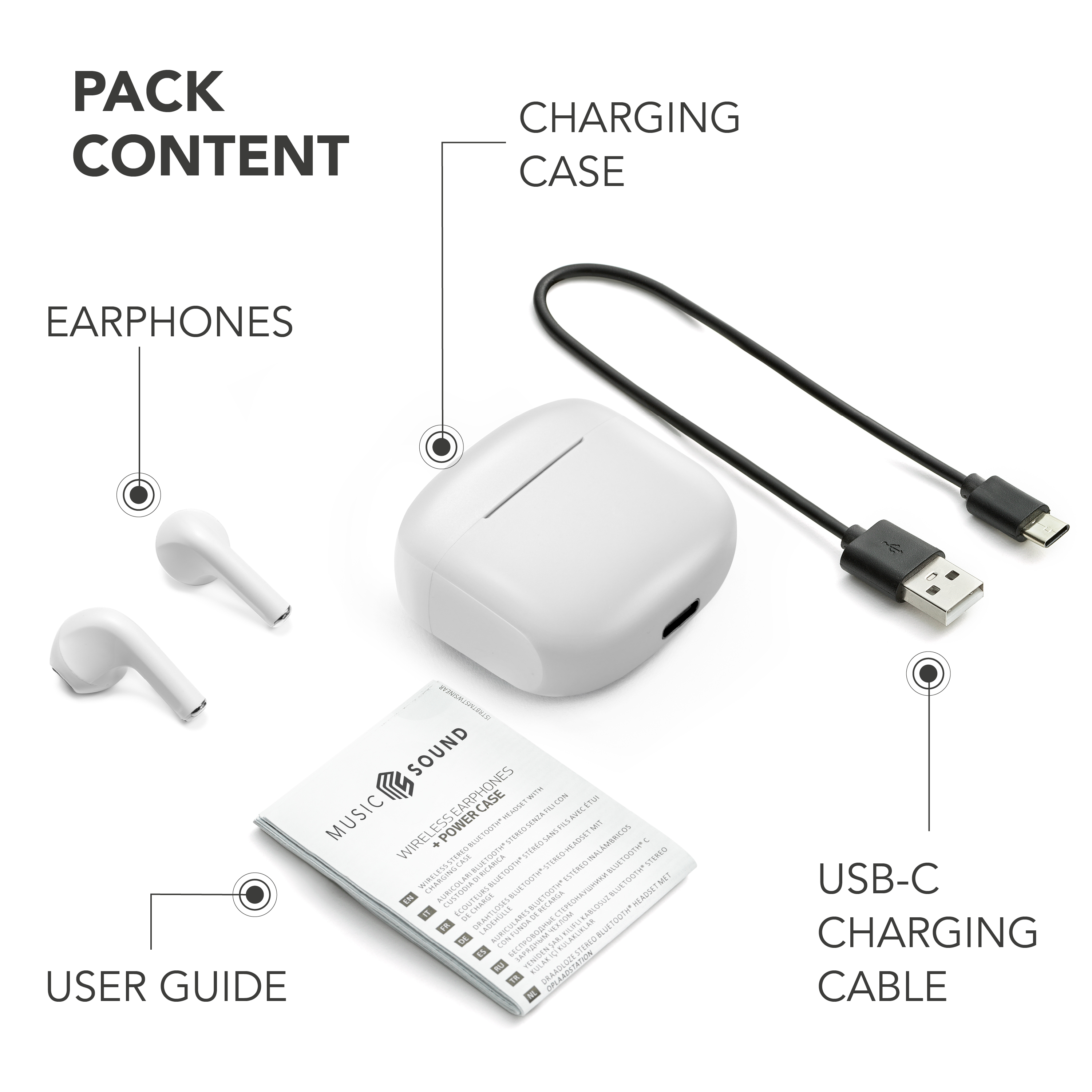 Packungsinhalt: Weiße kabellose Ohrhörer, Ladecase, USB-C-Kabel, Bedienungsanleitung.