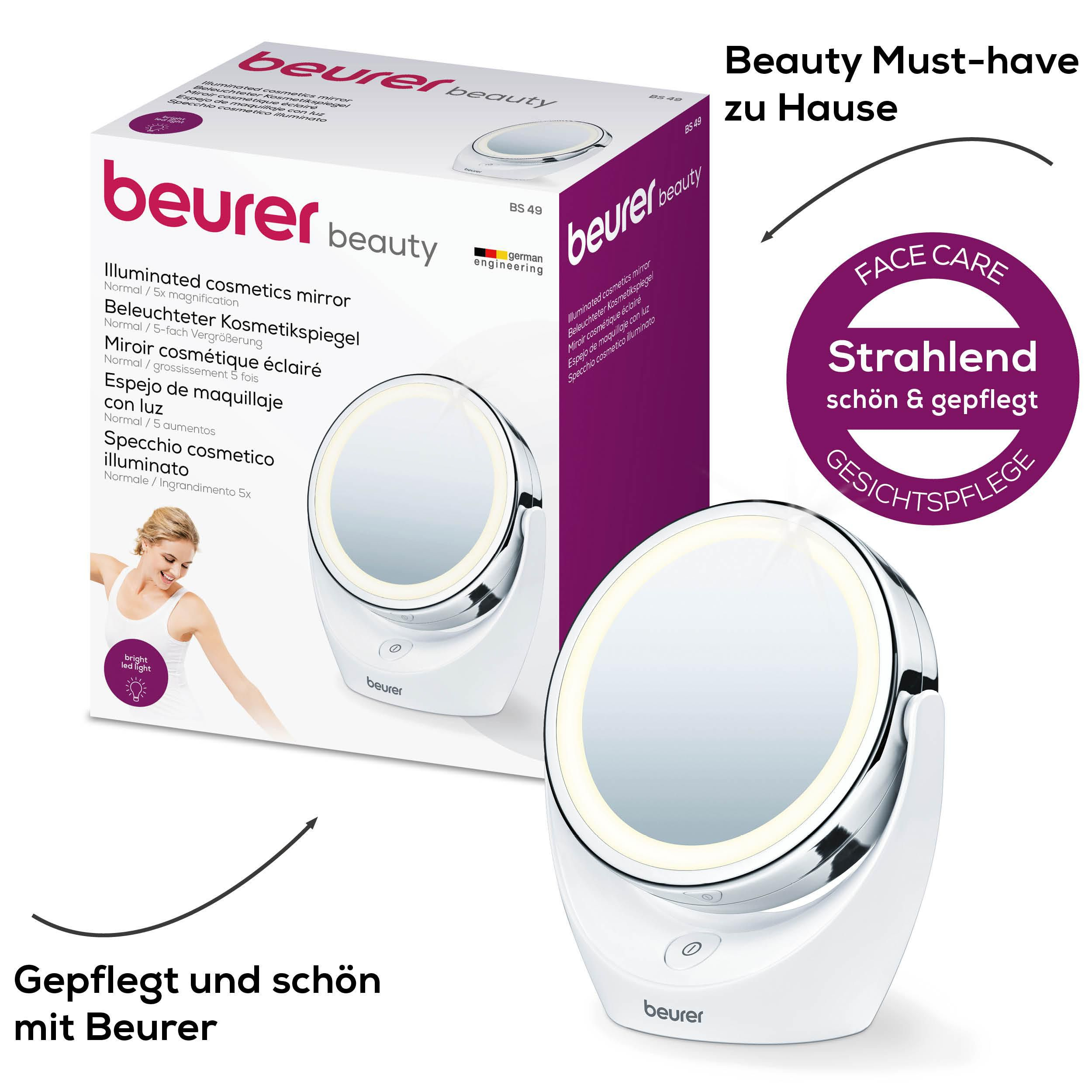 Ein beleuchteter Kosmetikspiegel von Beurer mit LED-Licht und 5-facher Vergrößerung.