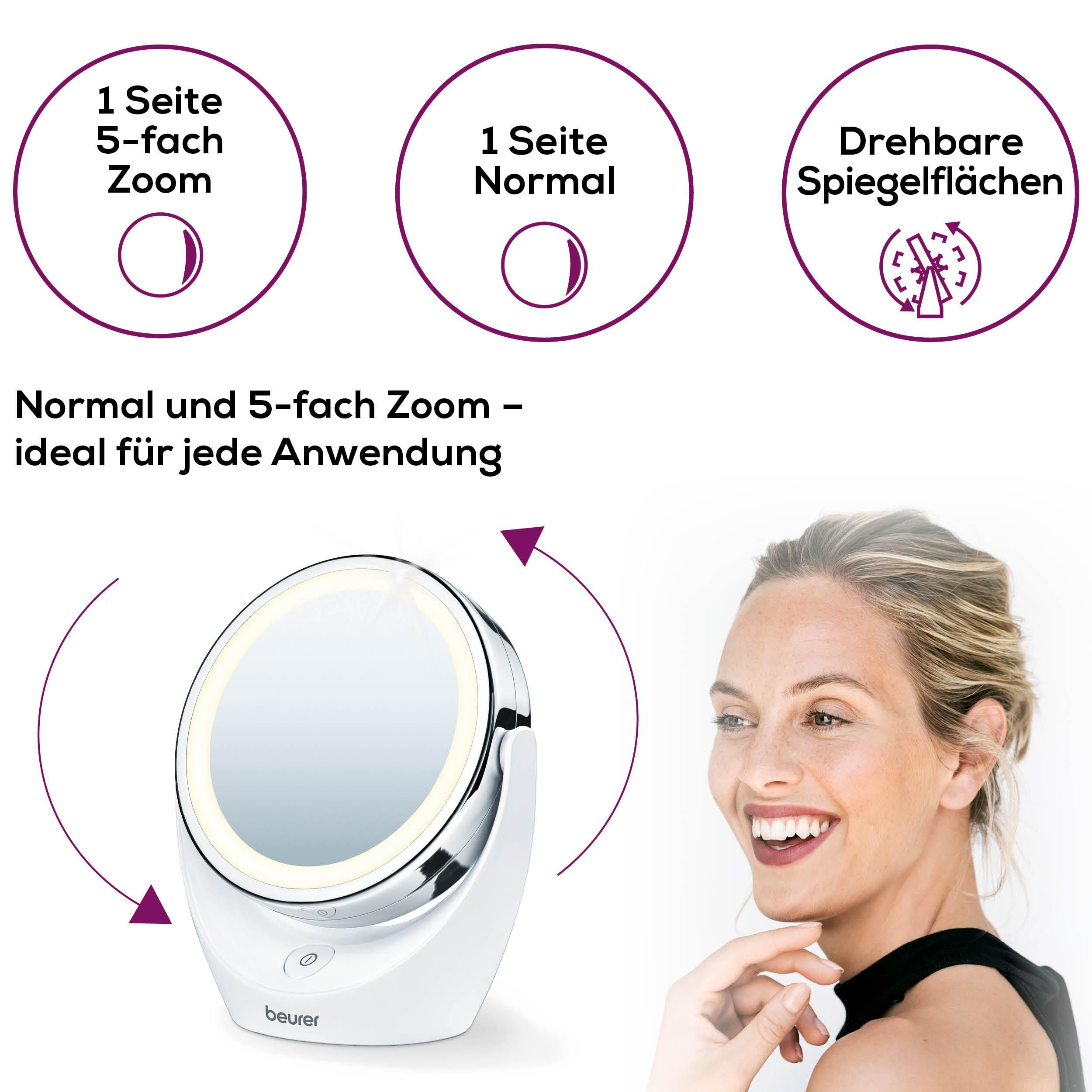 Beleuchteter Kosmetikspiegel mit 5-fach Zoom und normaler Ansicht.