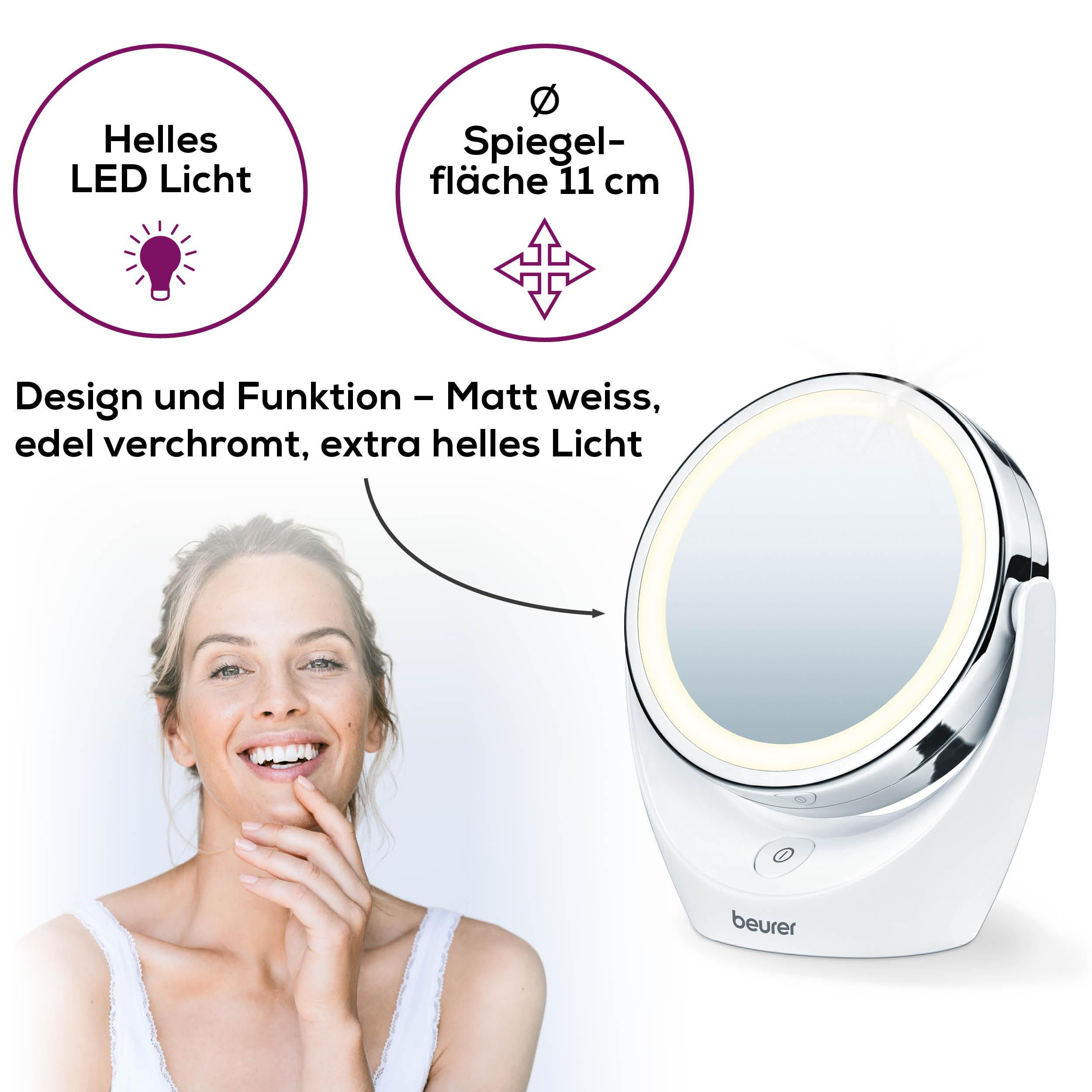 Frau lächelt neben einem weißen Kosmetikspiegel mit LED-Beleuchtung.