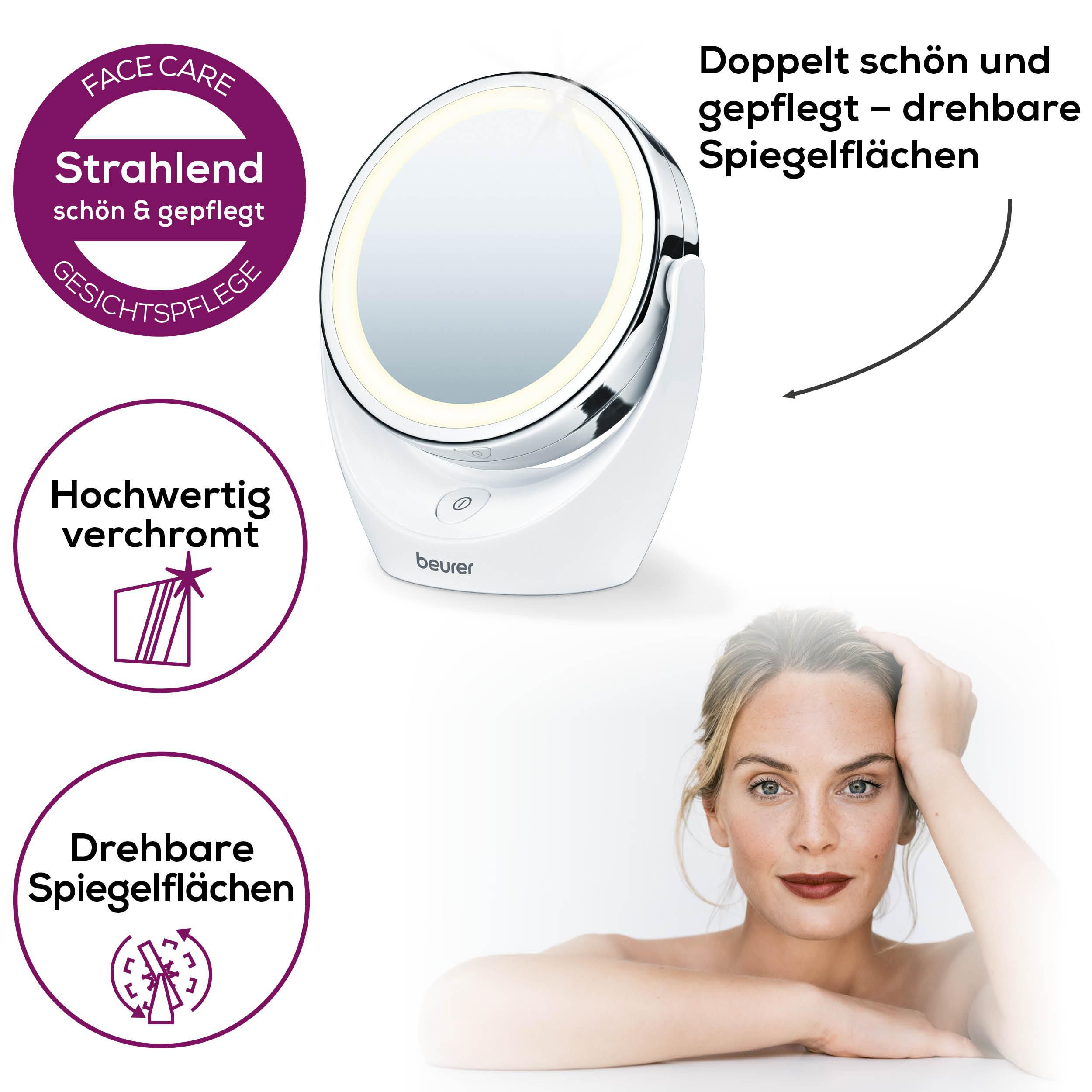 Beleuchteter Kosmetikspiegel mit Frau und deutschen Produktmerkmalen.