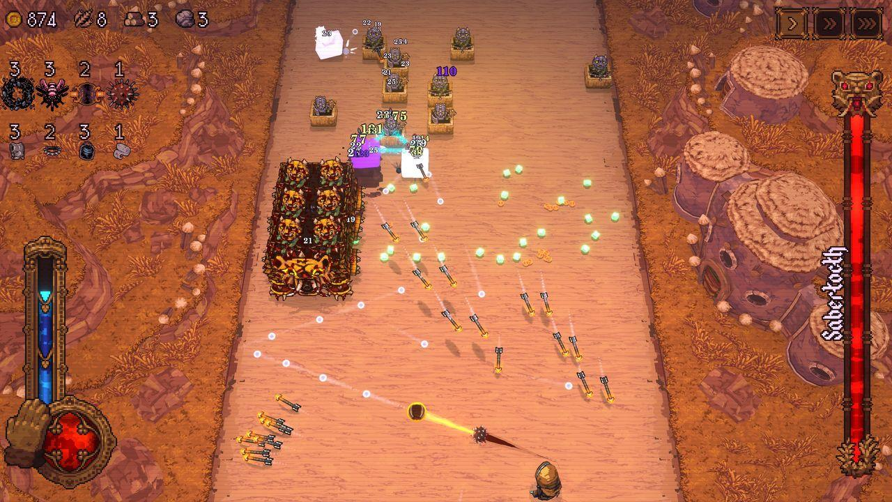 Pixel-Kampfspiel mit vielen Projektilen, Monstern und Ressourcen.