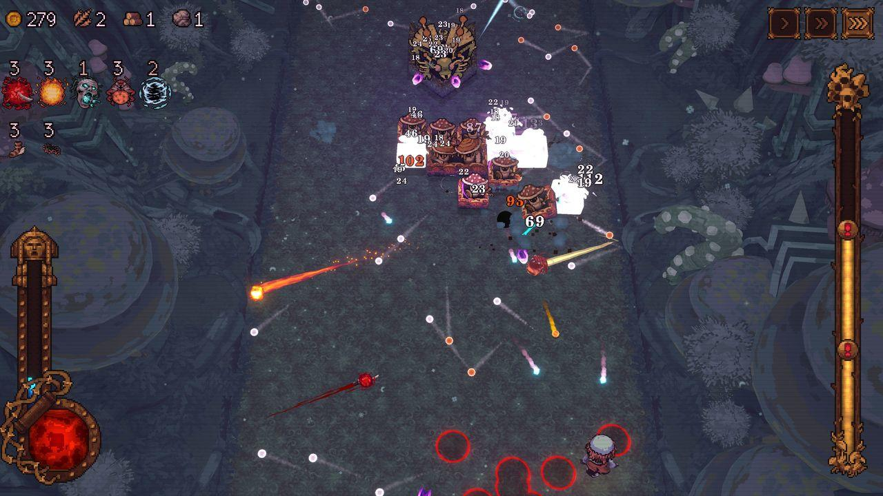 Action-Spielszene mit Spieler, der Feinde bekämpft. Draufsicht, Pixel-Art-Stil.