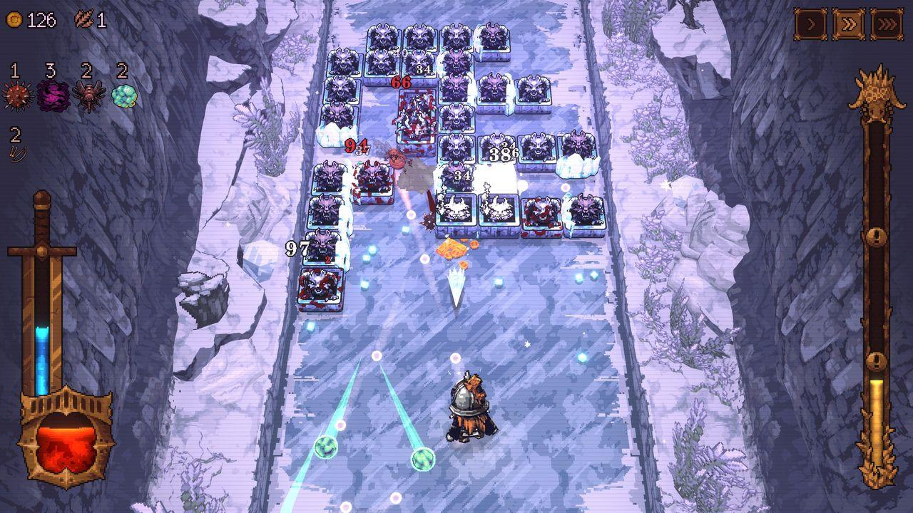 Ein Spielercharakter kämpft gegen Monster in einer eisigen Umgebung mit Felswänden.