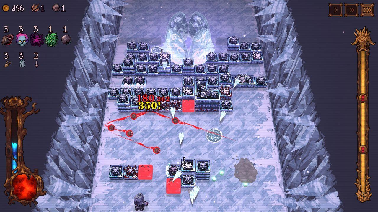 Ein Videospiel-Bildschirm zeigt ein Kampfgebiet mit Eisformationen, Würfeln und roten Projektilen.