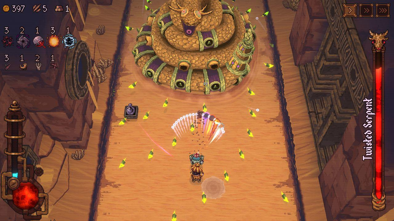 Ein Spielercharakter kämpft gegen eine Schlangenbossin mit gelben Projektilen.
