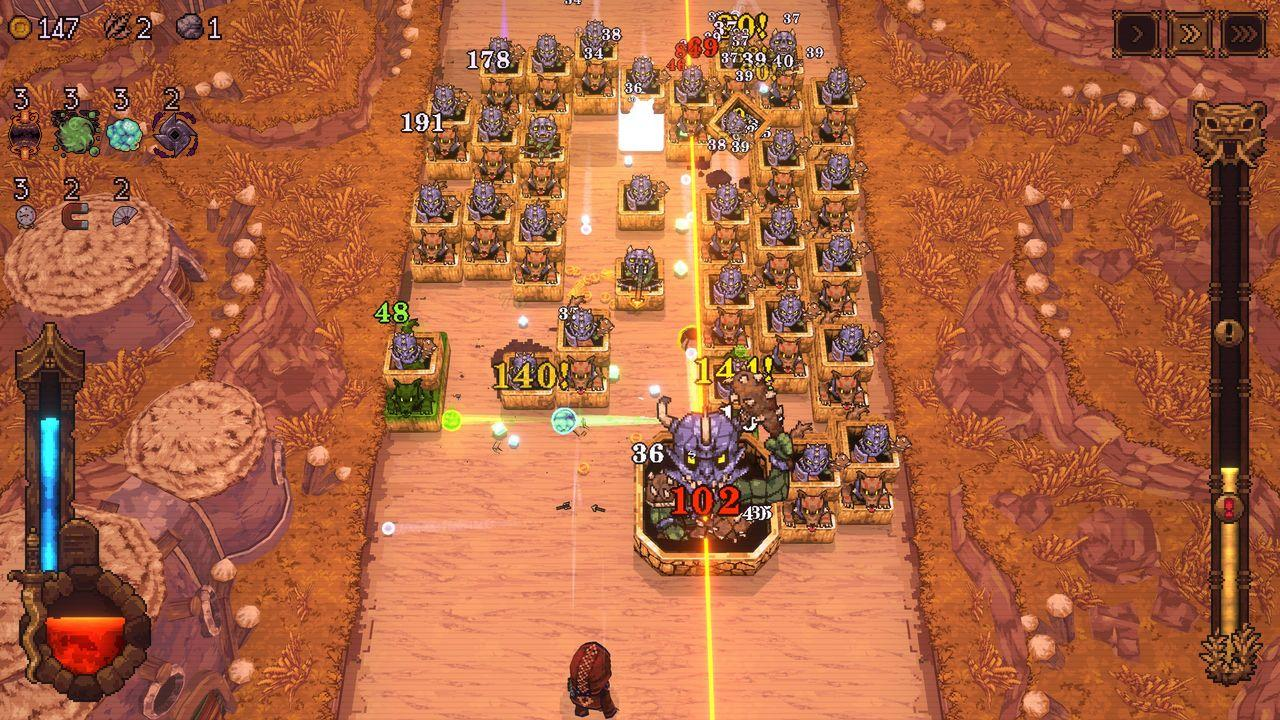 Ein Spielbildschirm mit vielen kleinen Einheiten in Holzkisten, die auf einem holzfarbenen Feld stehen.
