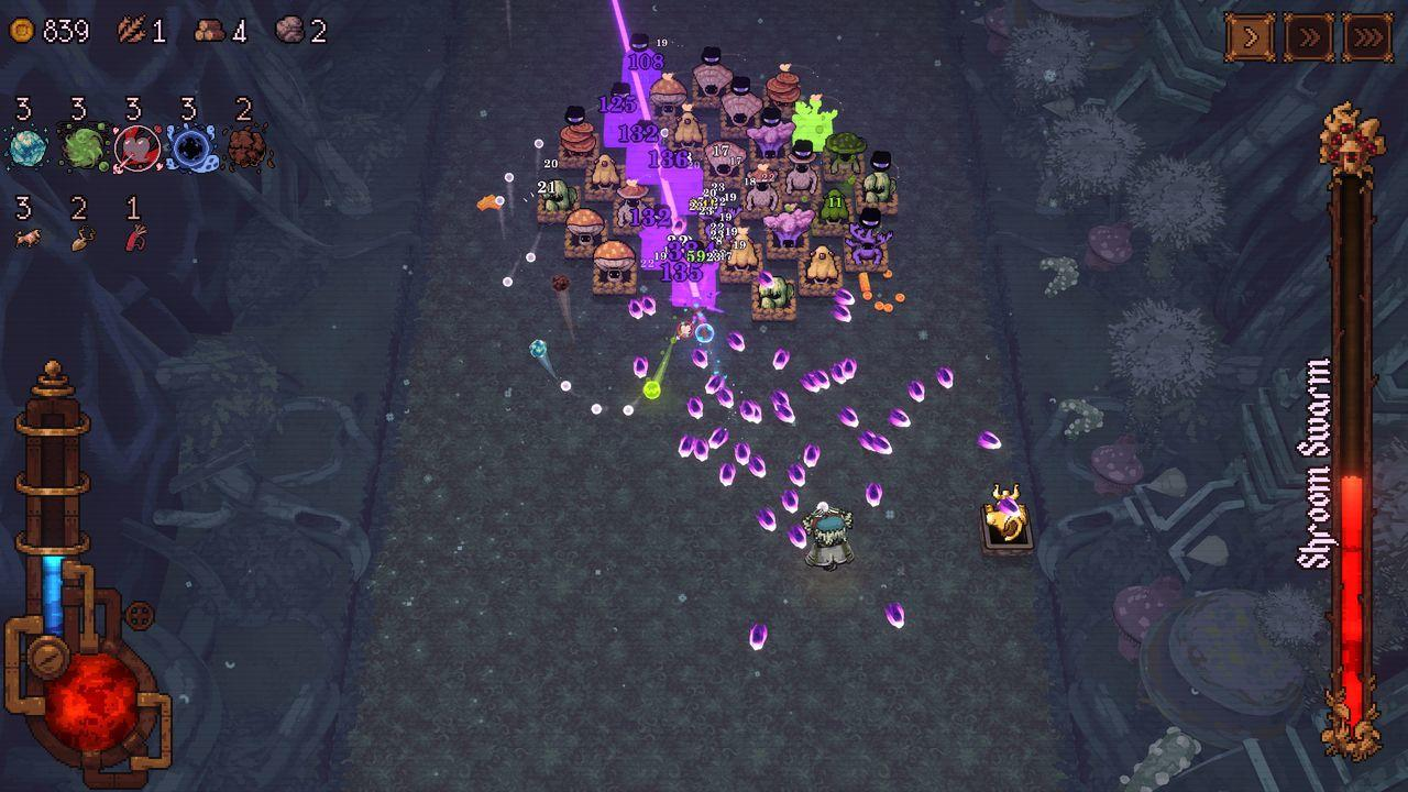Spieler steuert eine Figur, die auf eine Gruppe von Pilzgegnern schießt.