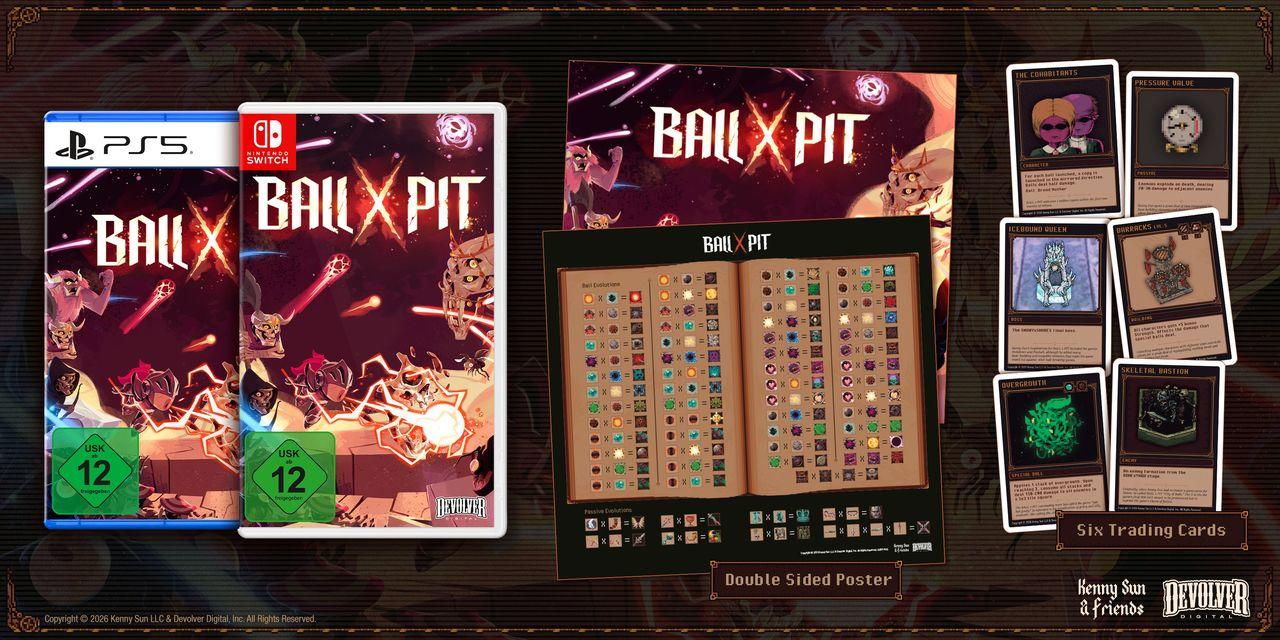 Spielverpackungen und Poster für "Ball X Pit" mit Karten und Spielanleitungen.