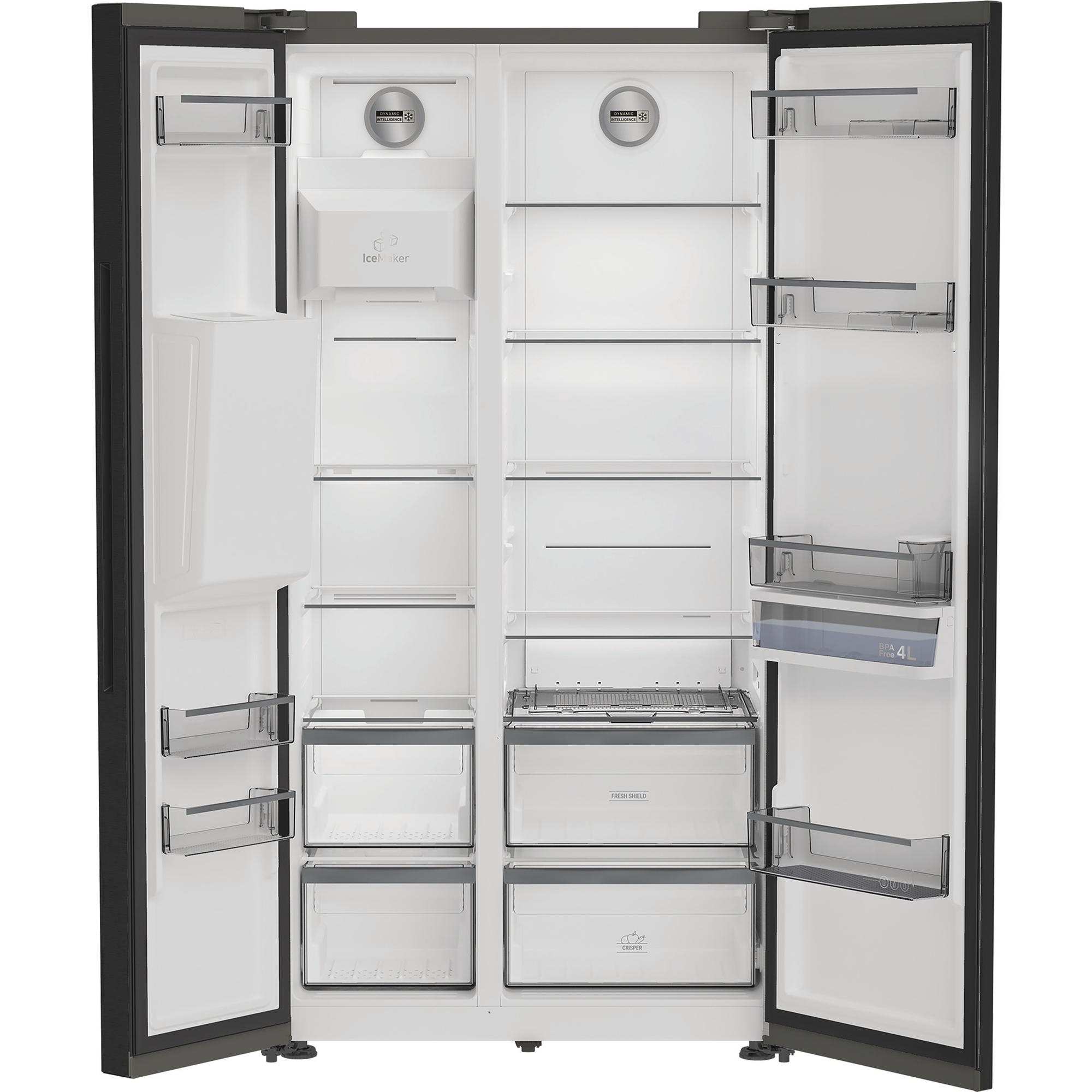 Ein offener, beidseitiger Kühlschrank mit mehreren Regalen, Schubladen und einem Eisbereiter.
