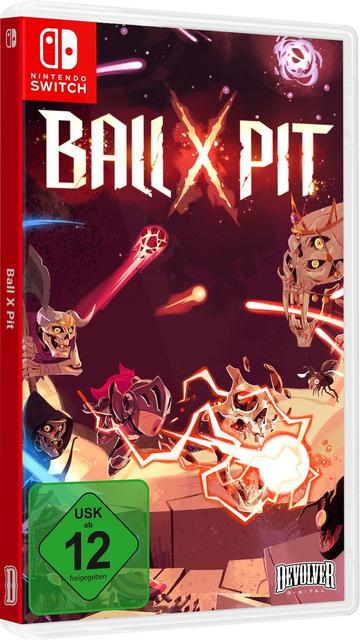 Nintendo Switch Spielcover mit dem Titel Ball X Pit, zeigt Skelett-Krieger und Energieeffekte.