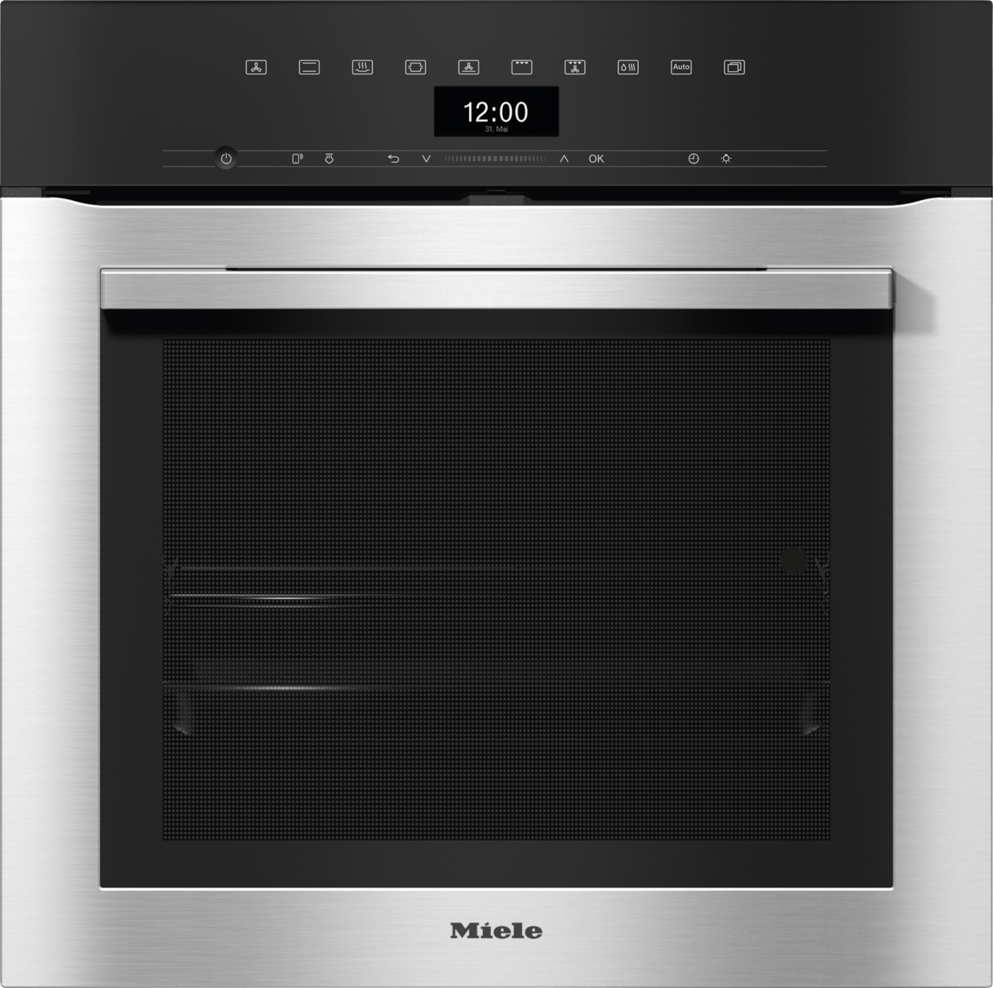Ein moderner Miele-Ofen aus Edelstahl mit digitaler Anzeige und schwarzer Tür.