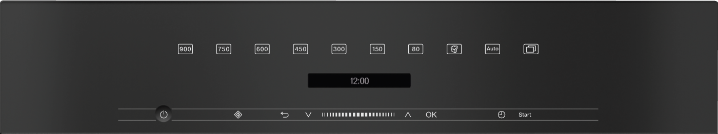 Ein dunkler Bildschirm mit Leistungseinstellungen: 900, 750, 600, 450, 300, 150, 80, Auto.