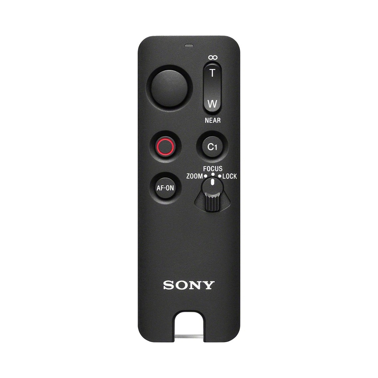 Telecomando Sony nero con controlli zoom e messa a fuoco.