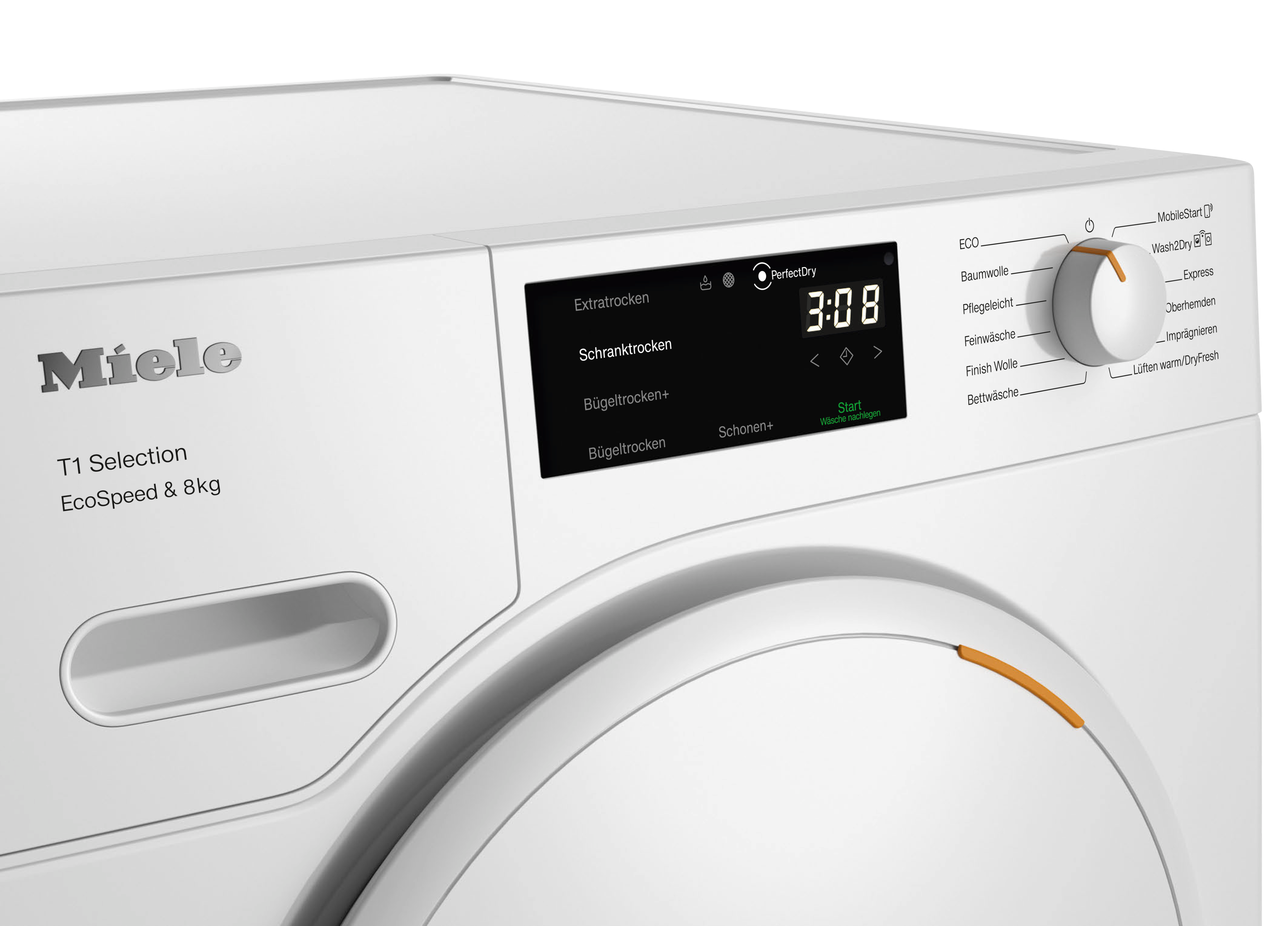 Miele T1 Select Trockner mit digitalem Display und Drehknopf-Auswahl.