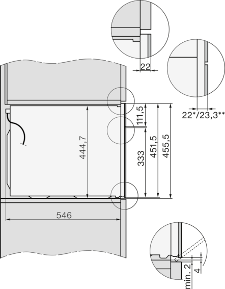 Technische Zeichnung mit Maßen für Einbau. Details zeigen Kanten.