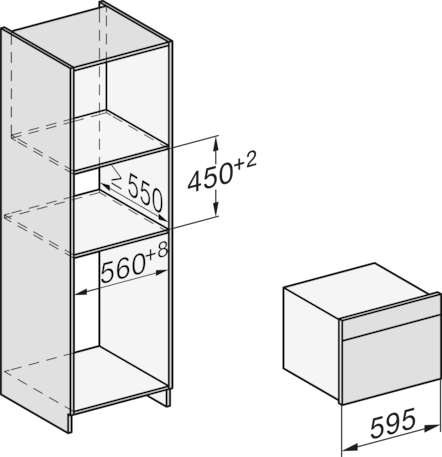 Technische Zeichnung: Ein hoher Einbauschrank mit drei Fächern und ein kleiner Kasten.