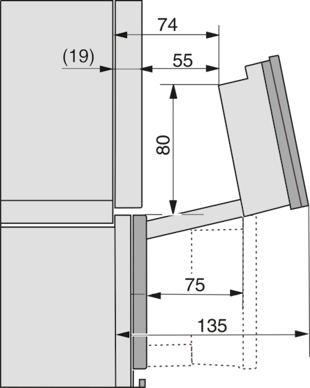 Technische Zeichnung mit Maßen für ein Bauteil. Graue Flächen mit schwarzen Linien.
