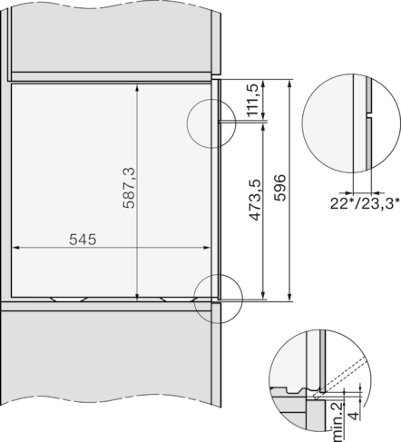 Technische Zeichnung mit Maßen: 545x587,3 mm. Detailansichten zeigen Kanten.