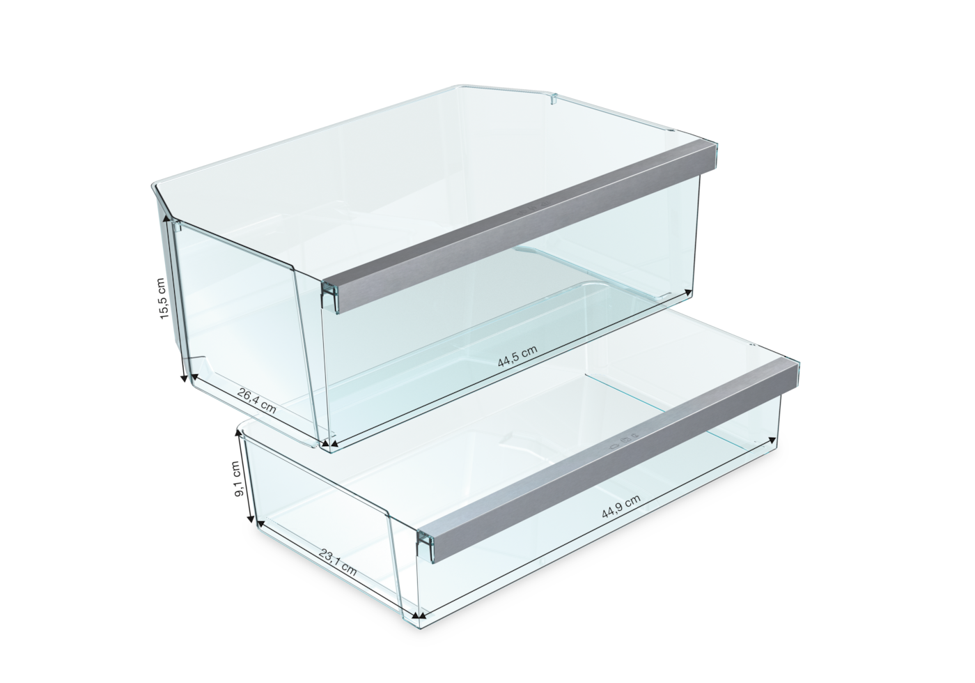 Zwei transparente Kühlschrankfächer mit Metallgriffen. Maße sind angegeben.