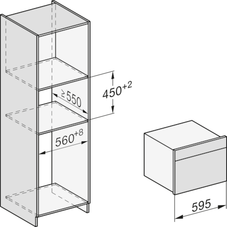 Einbauzeichnung eines Geräts mit Maßen. Links ein hoher Schrank, rechts ein Küchengerät.