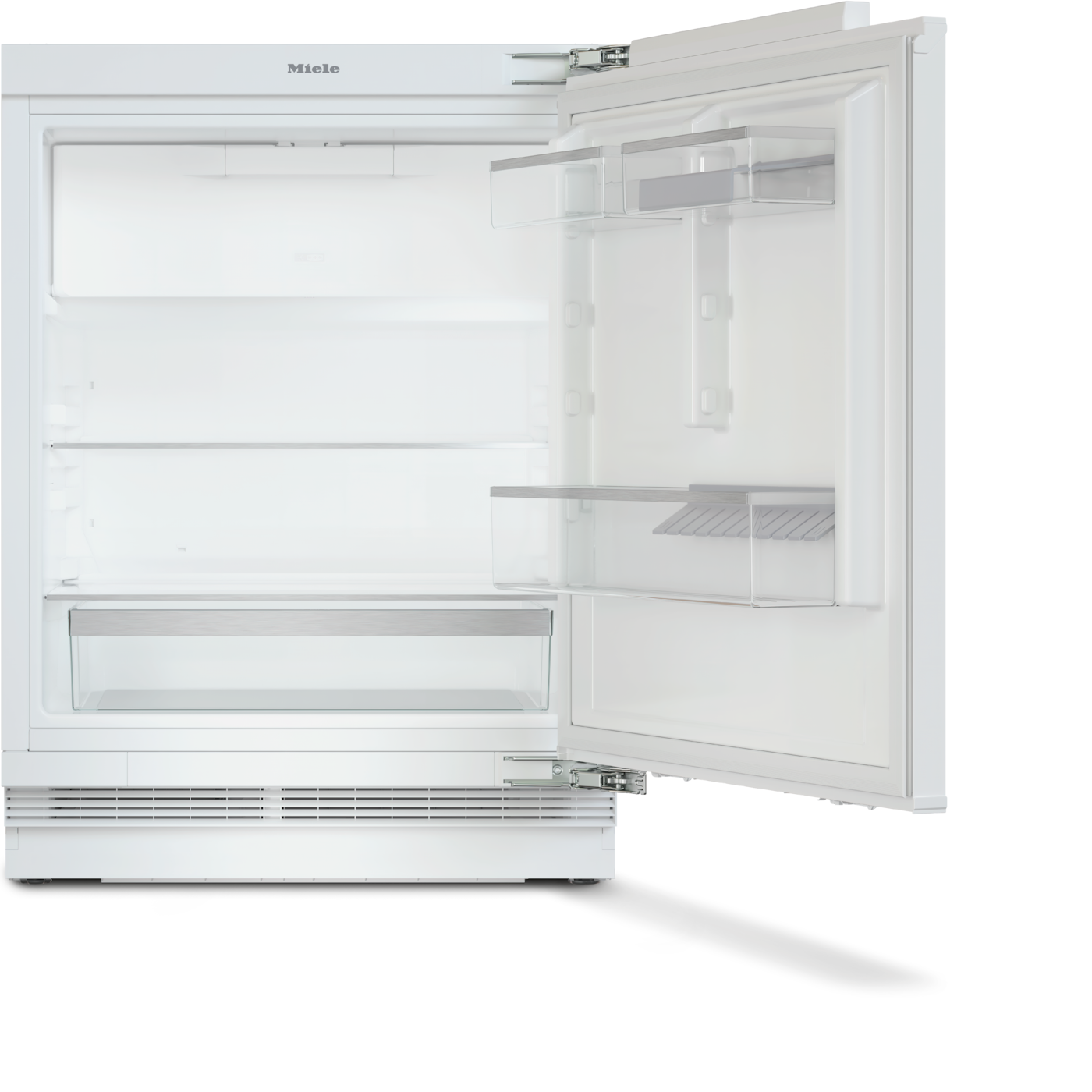 Ein weißer Miele Kühlschrank mit offener Tür und transparenten Einlegeböden.