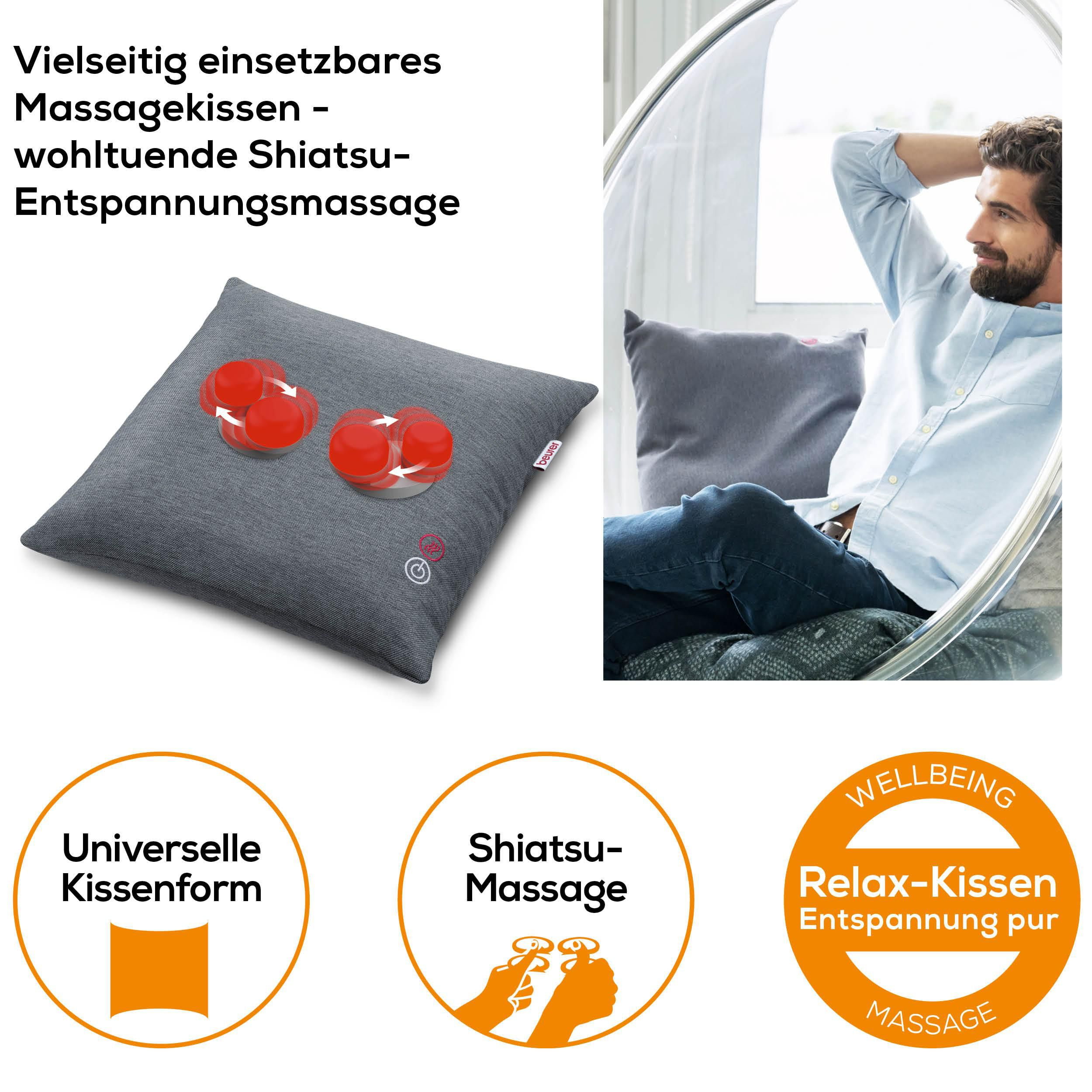 Graues Massagekissen mit roten Shiatsu-Massageköpfen, Mann entspannt.