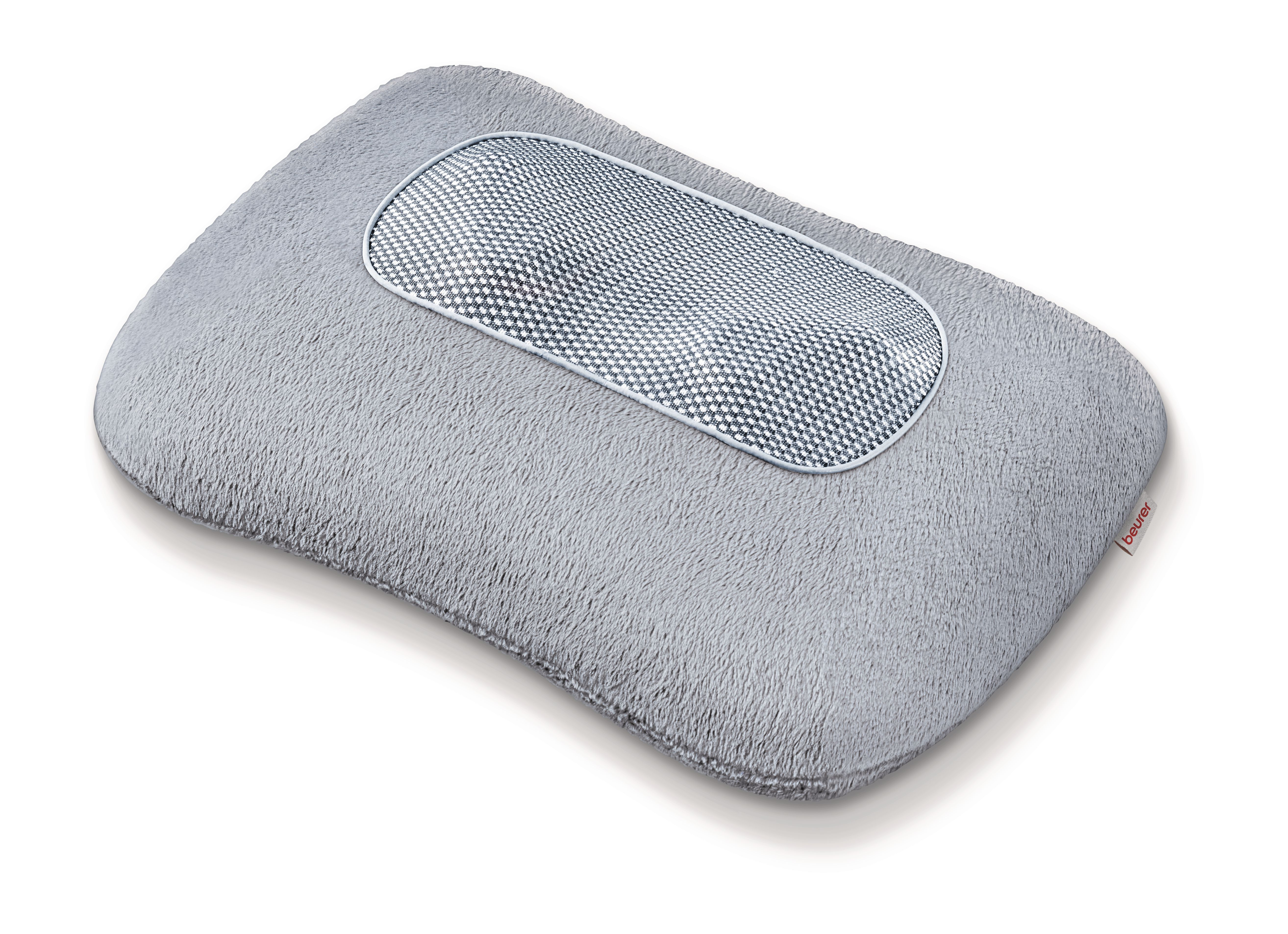 Graues Massagekissen mit Netzoberfläche und rotem Markenlogo.