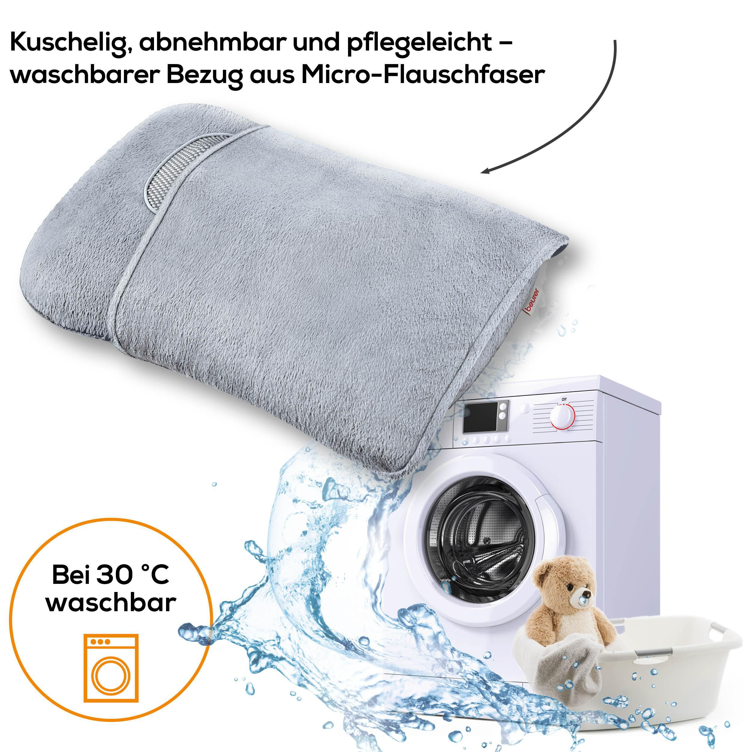 Graues, kuscheliges Kissen mit waschbarem Bezug neben Waschmaschine und Teddybär.