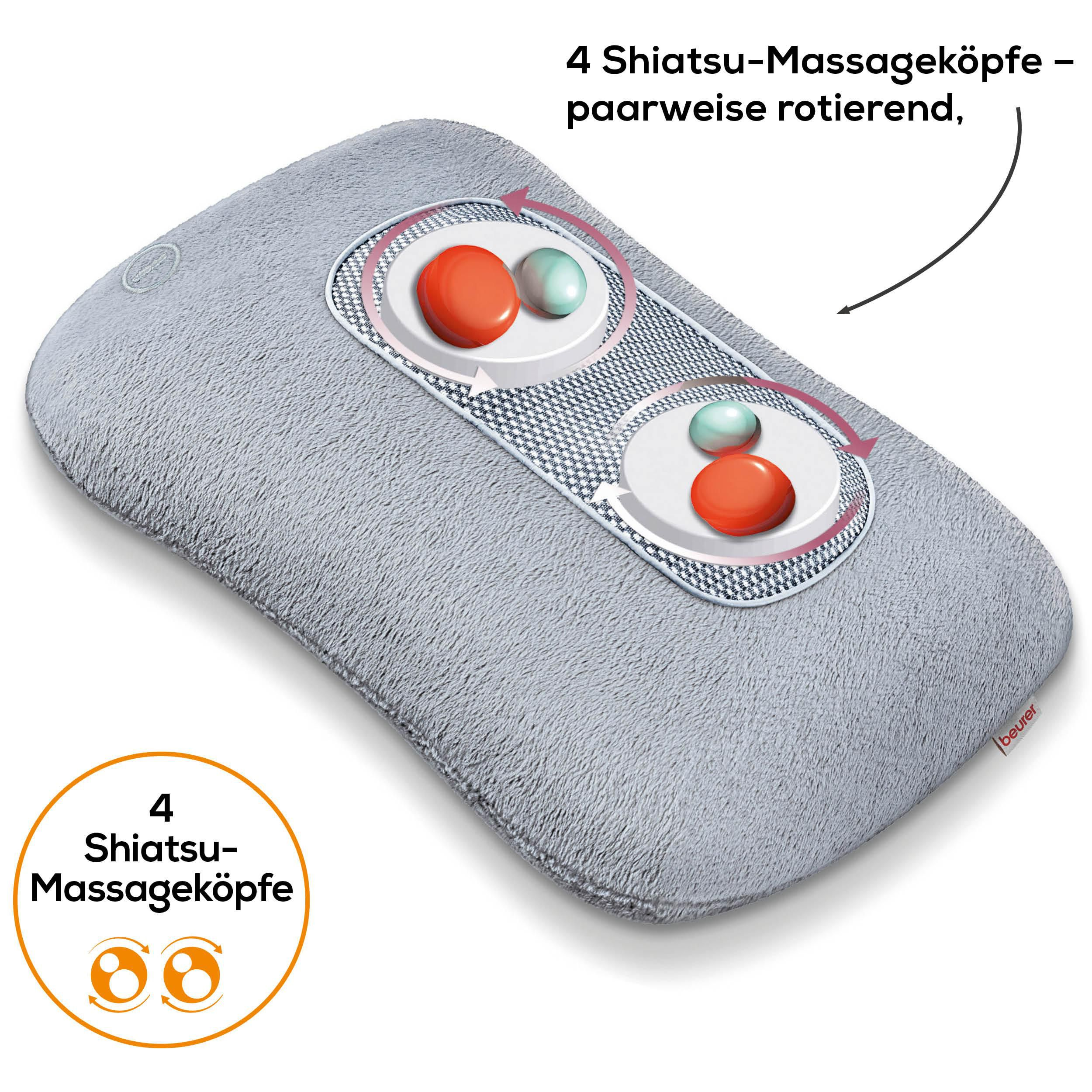 Graues Massagekissen mit 4 Shiatsu-Köpfen, die paarweise rotieren.