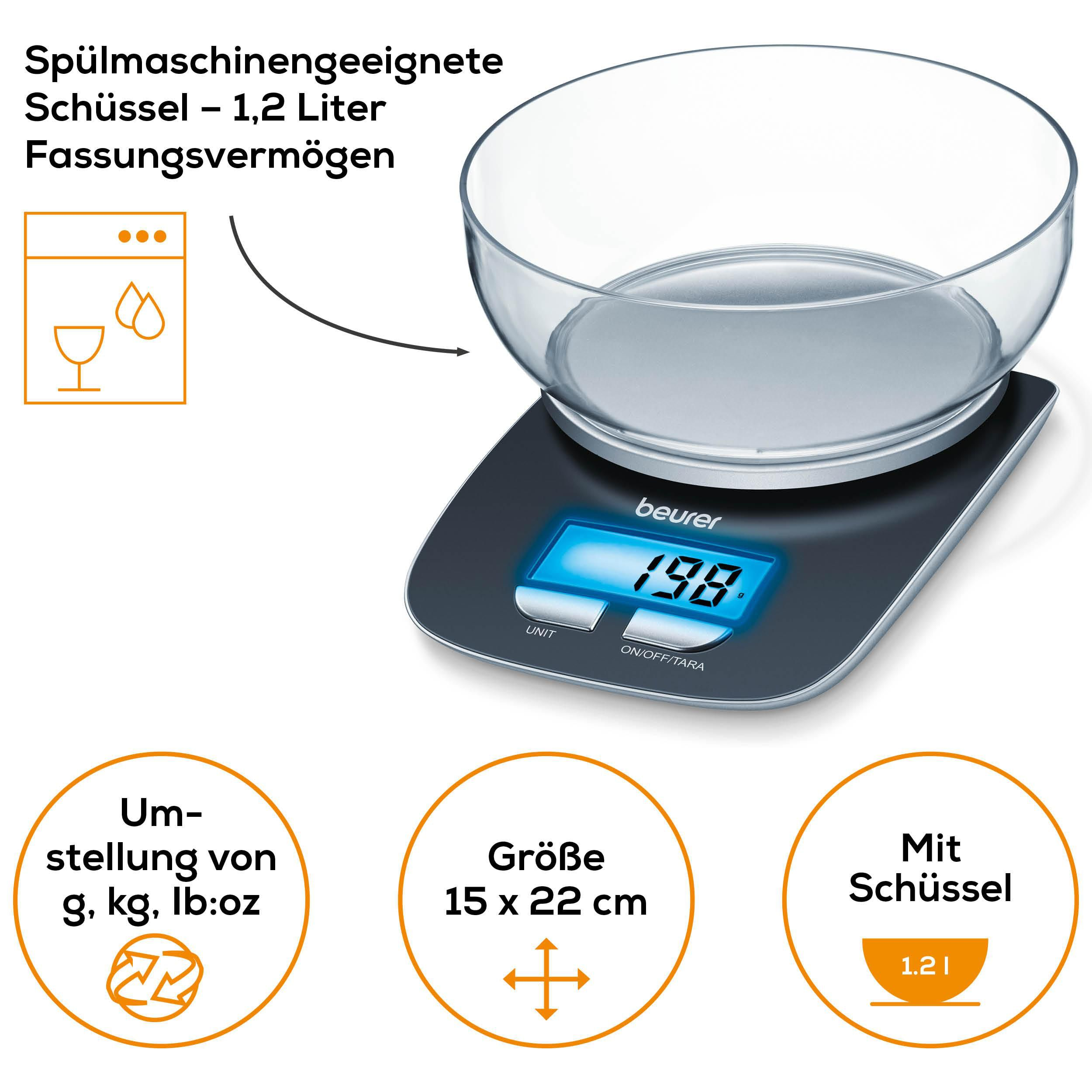 Digitale Küchenwaage mit Glasschüssel, 1,2L Fassungsvermögen, spülmaschinenfest.