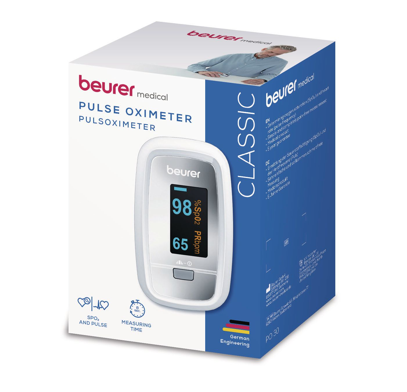 Beurer Pulsoximeter auf Kartonverpackung mit Produktbild und Spezifikationen.