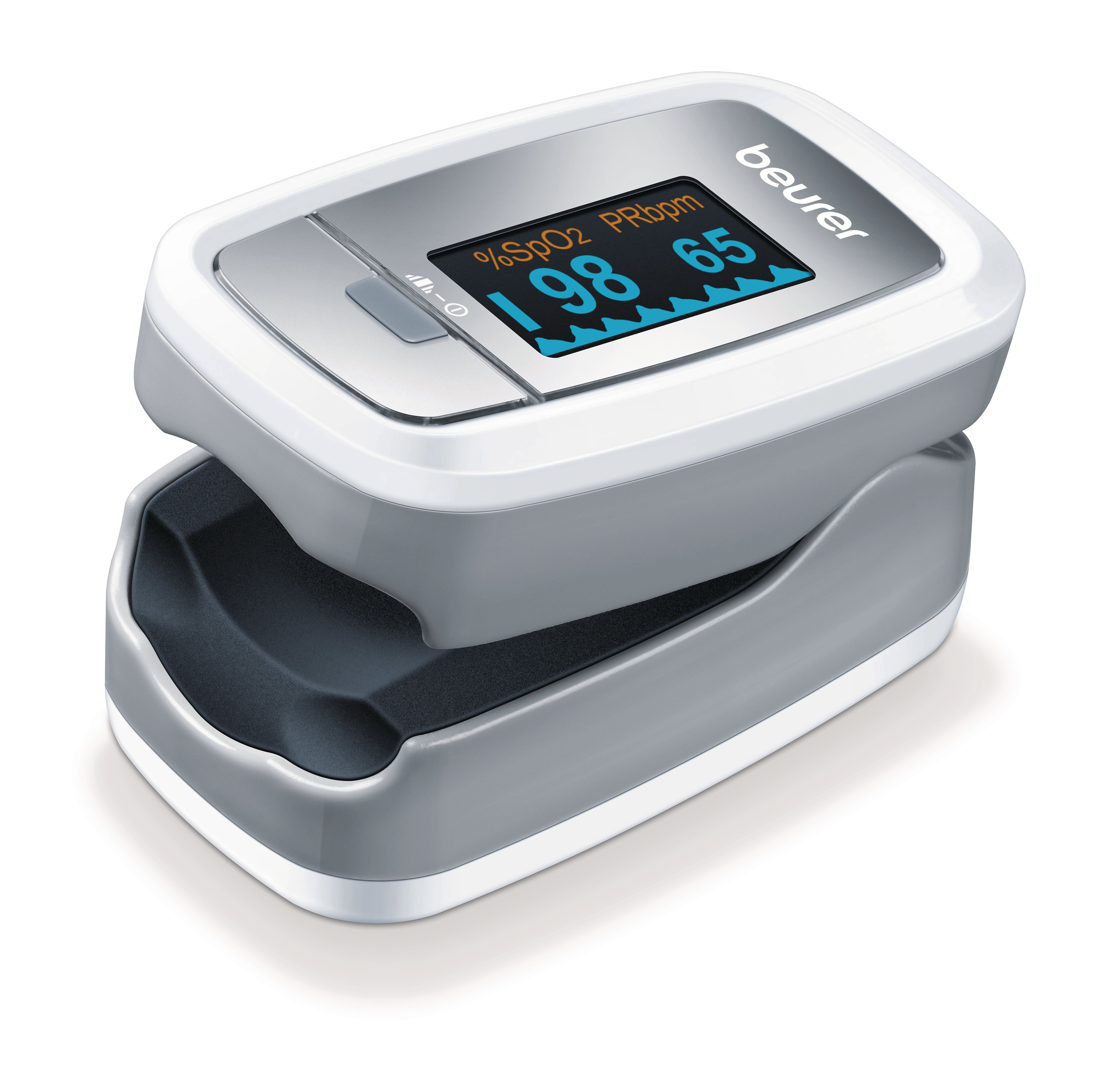 Ein weiß-grauer Pulsoximeter mit blauem Display, das 98% SpO2 anzeigt.