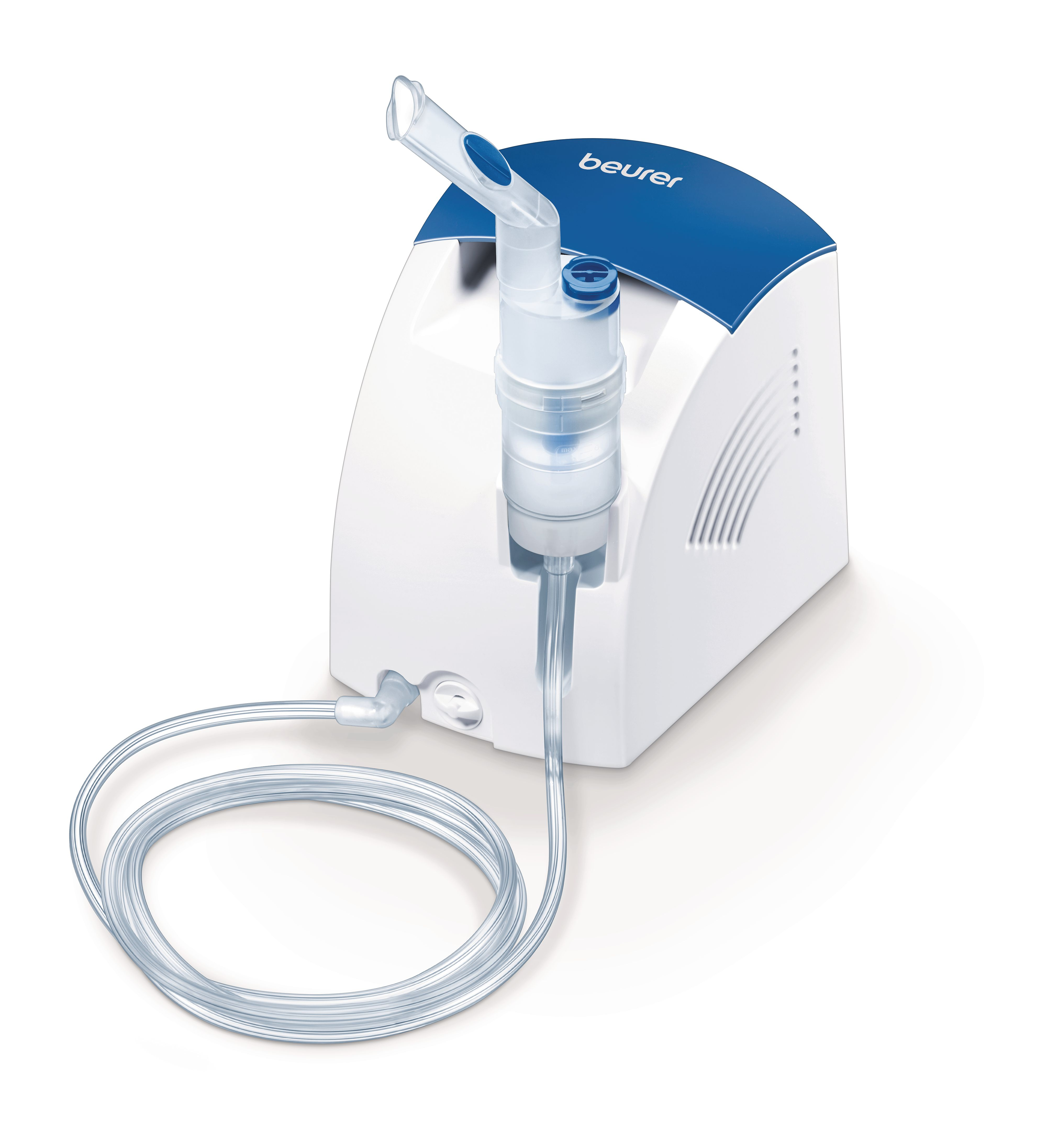 Ein weißer Beurer-Inhalator mit blauem Deckel und Schlauch.