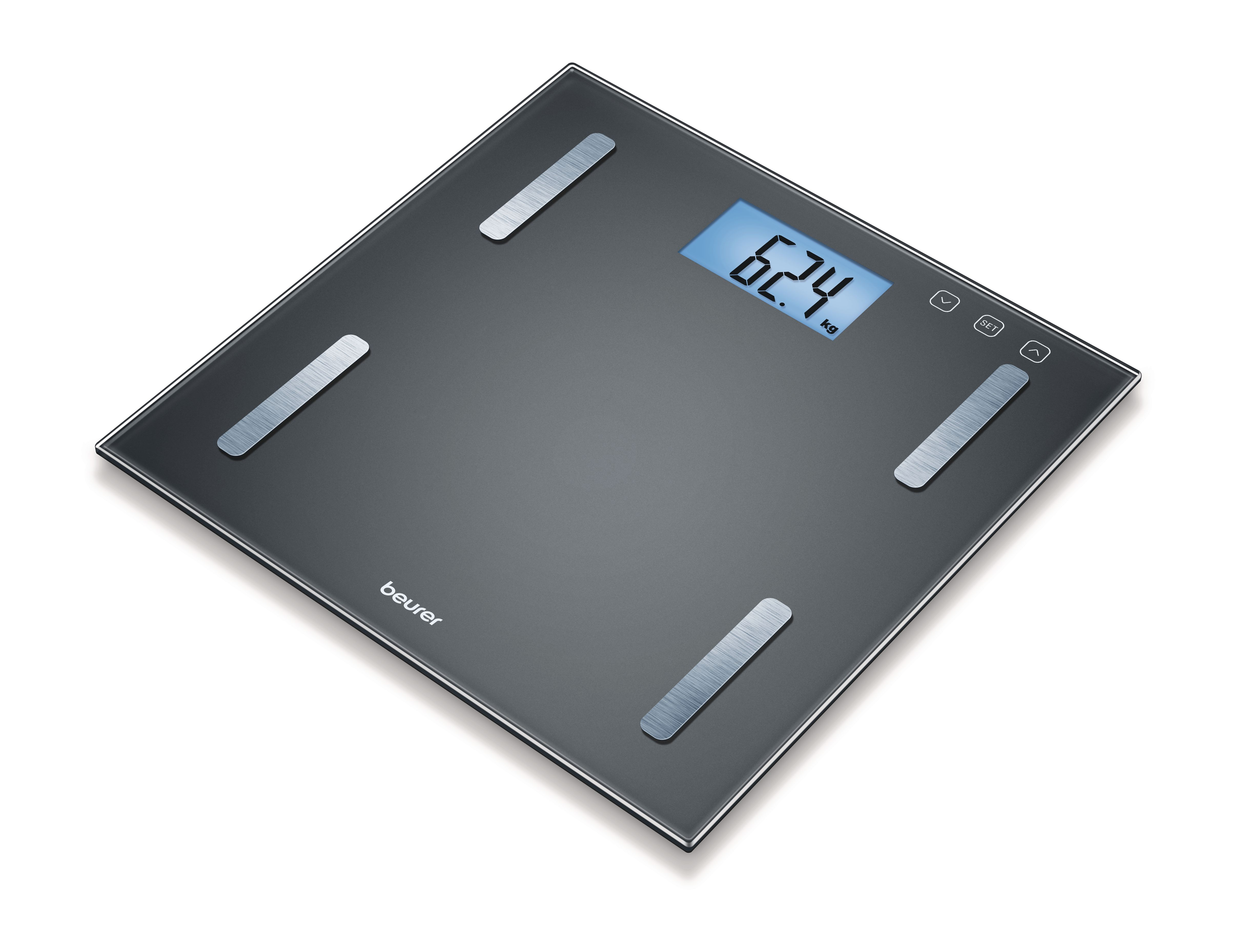 Eine dunkle Glas Personenwaage mit einem digitalen Display, das 62,4 kg anzeigt.