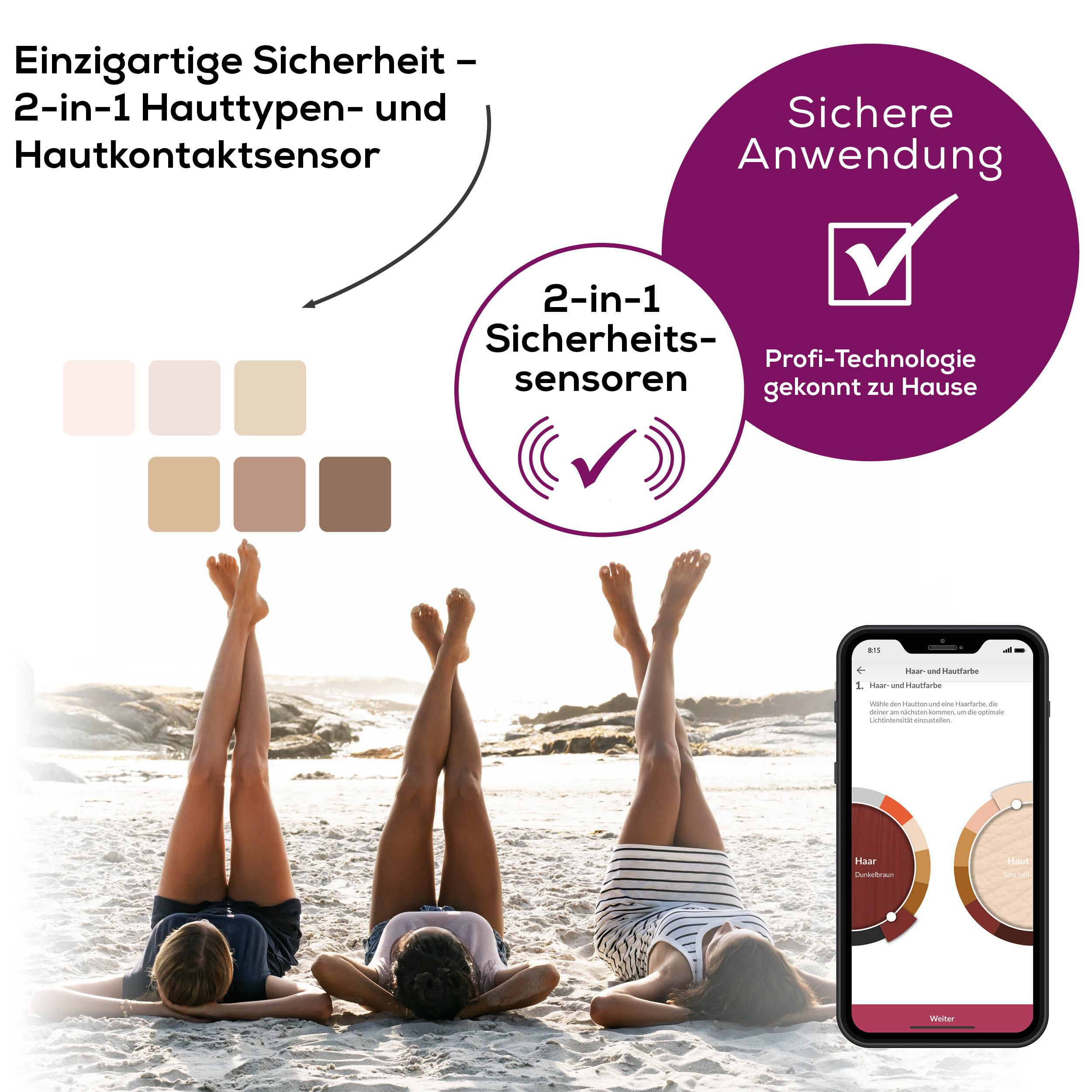 Drei Frauen liegen am Strand. Ein Handy zeigt ein Haar- und Hautfarben-Menü.
