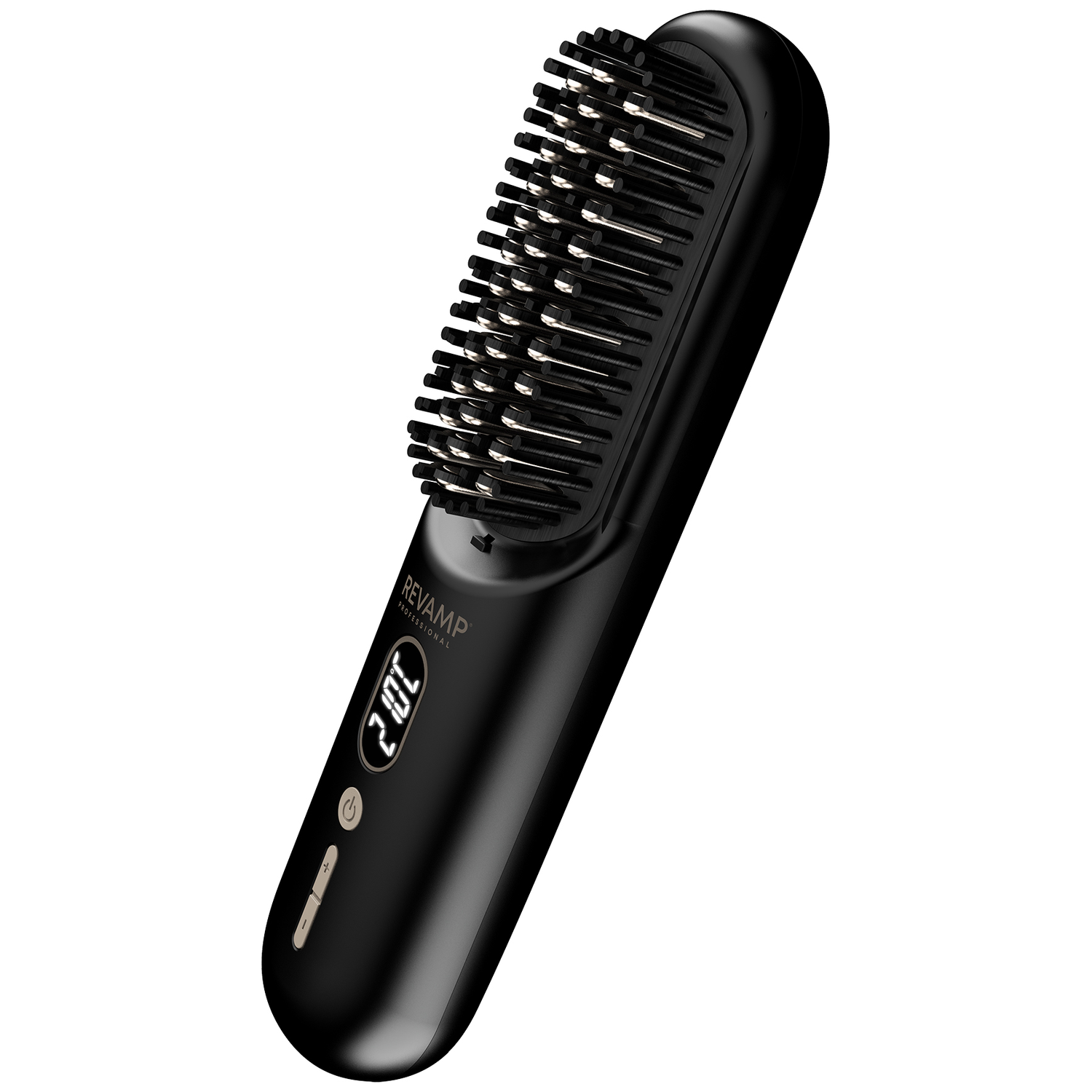 Black hair straightening brush with digital display and bristles.