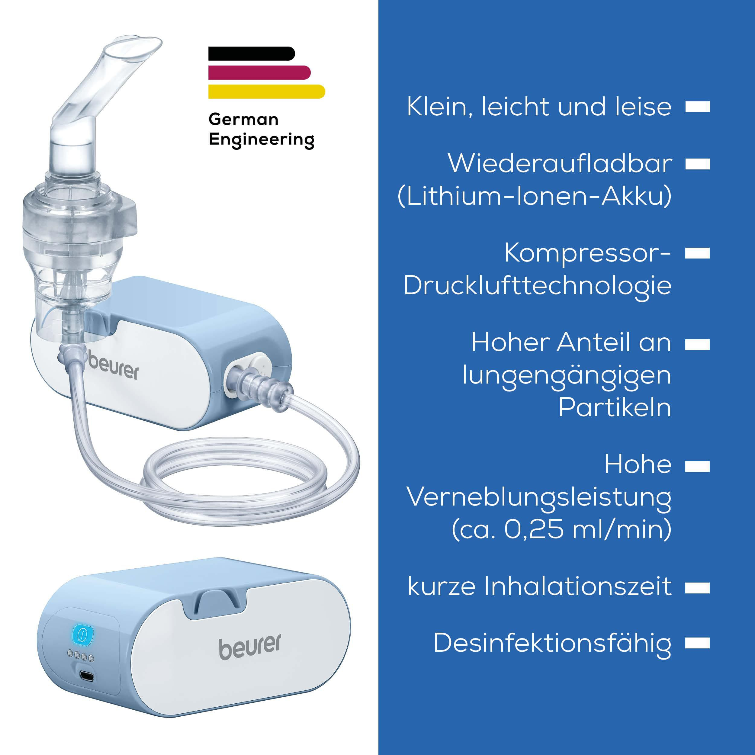 Ein blauer und weißer Vernebler von Beurer mit deutschen Ingenieurleistungen.