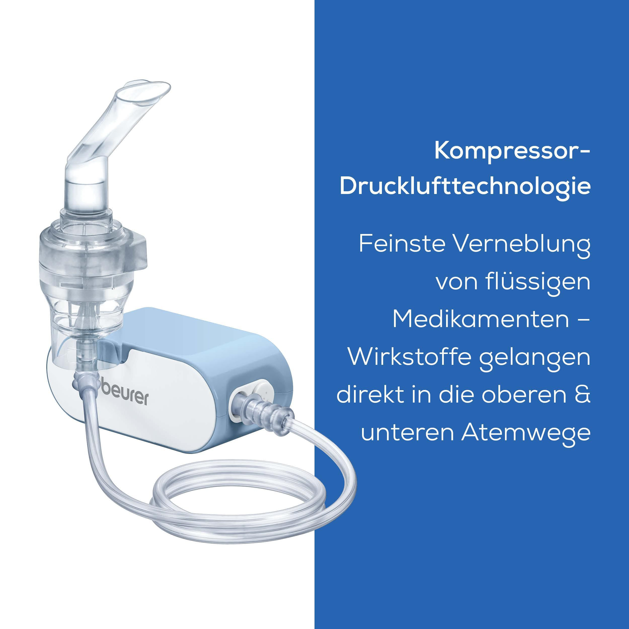 Ein blauer Kompressor-Inhalator von Beurer mit klarem Vernebleraufsatz und Schlauch.