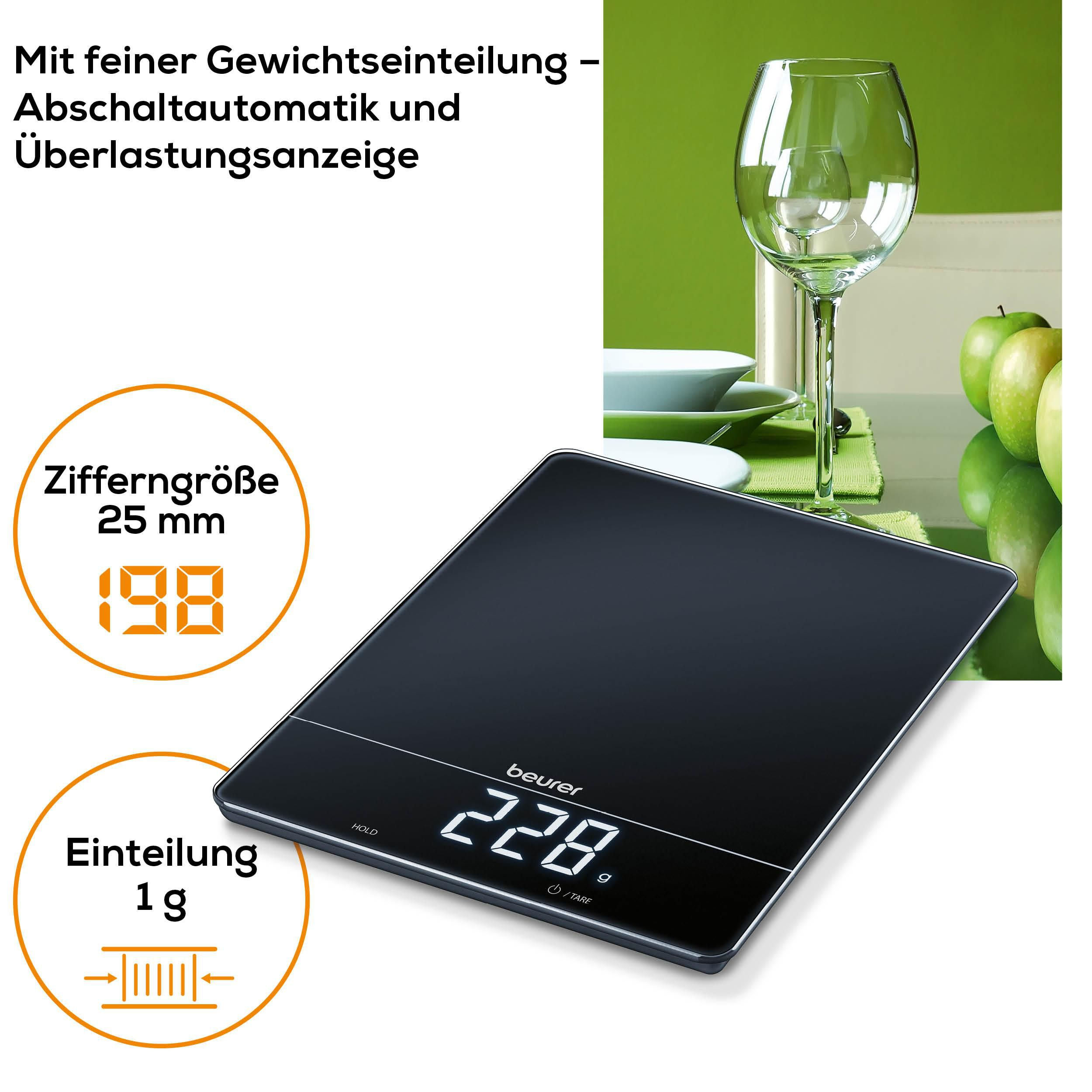 Schwarze Digitalwaage mit "beurer" Logo, zeigt 228g an. Links: Zifferngröße 25mm, 198.