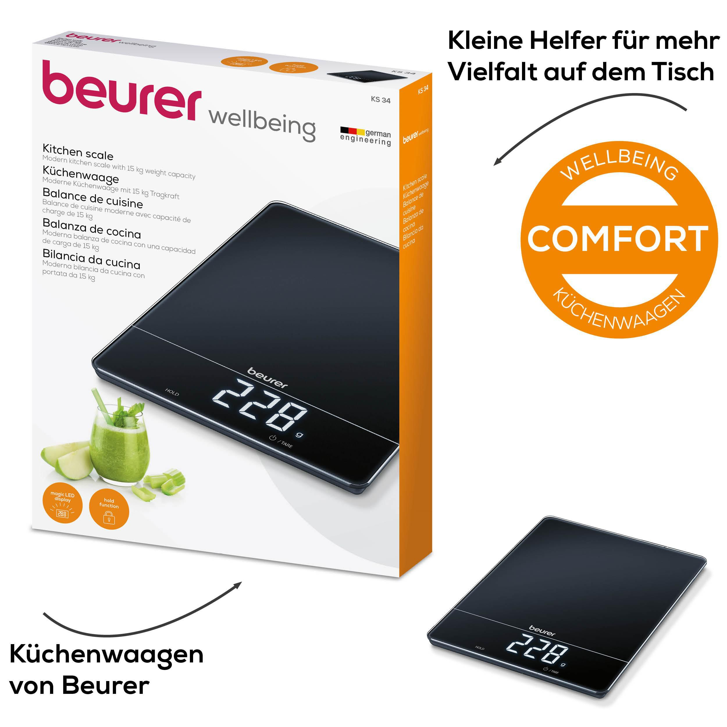 Schwarze Küchenwaage von Beurer mit Glasoberfläche und digitaler Anzeige.