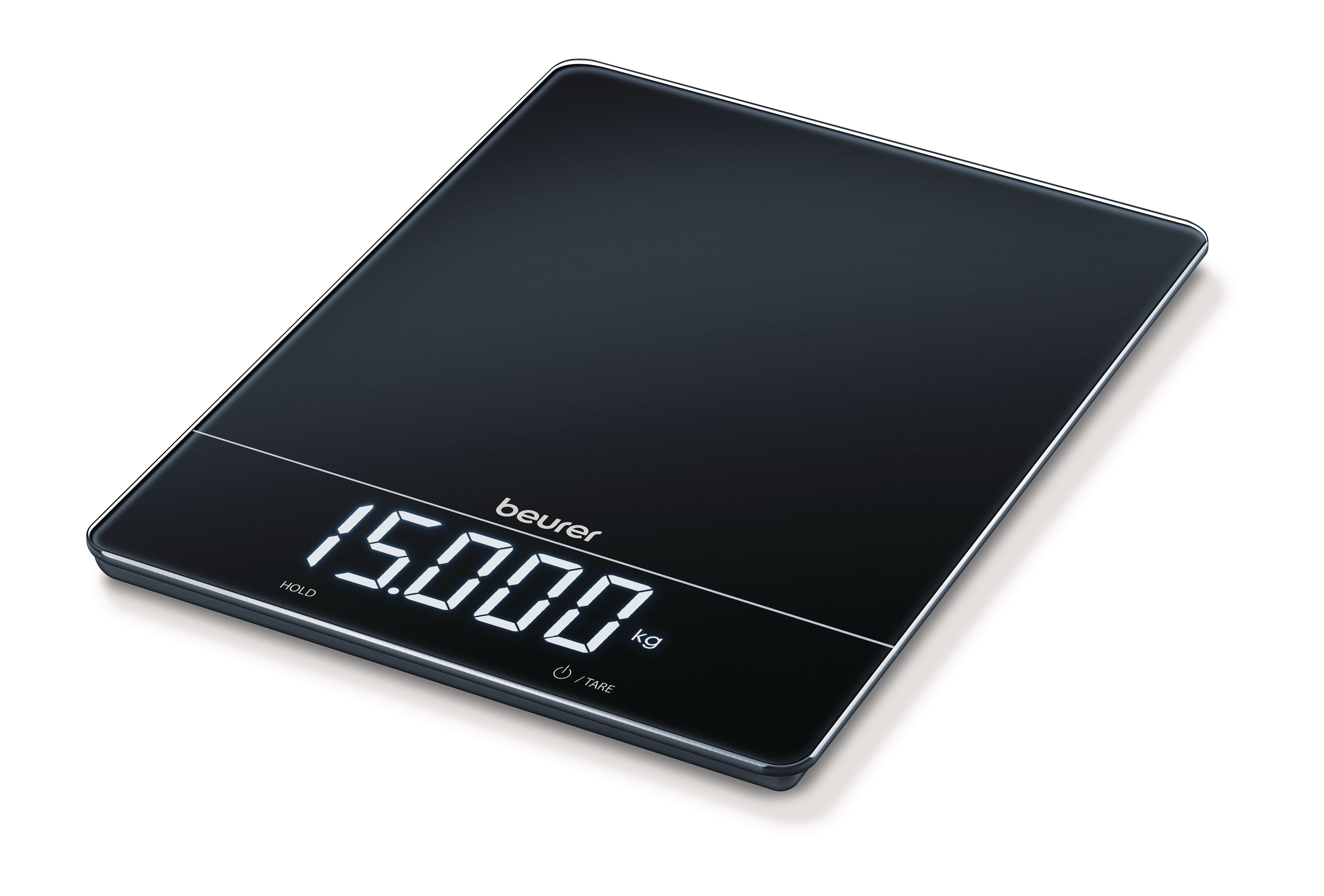 Schwarze digitale Küchenwaage mit beleuchtetem Display, zeigt 15.000 kg an.