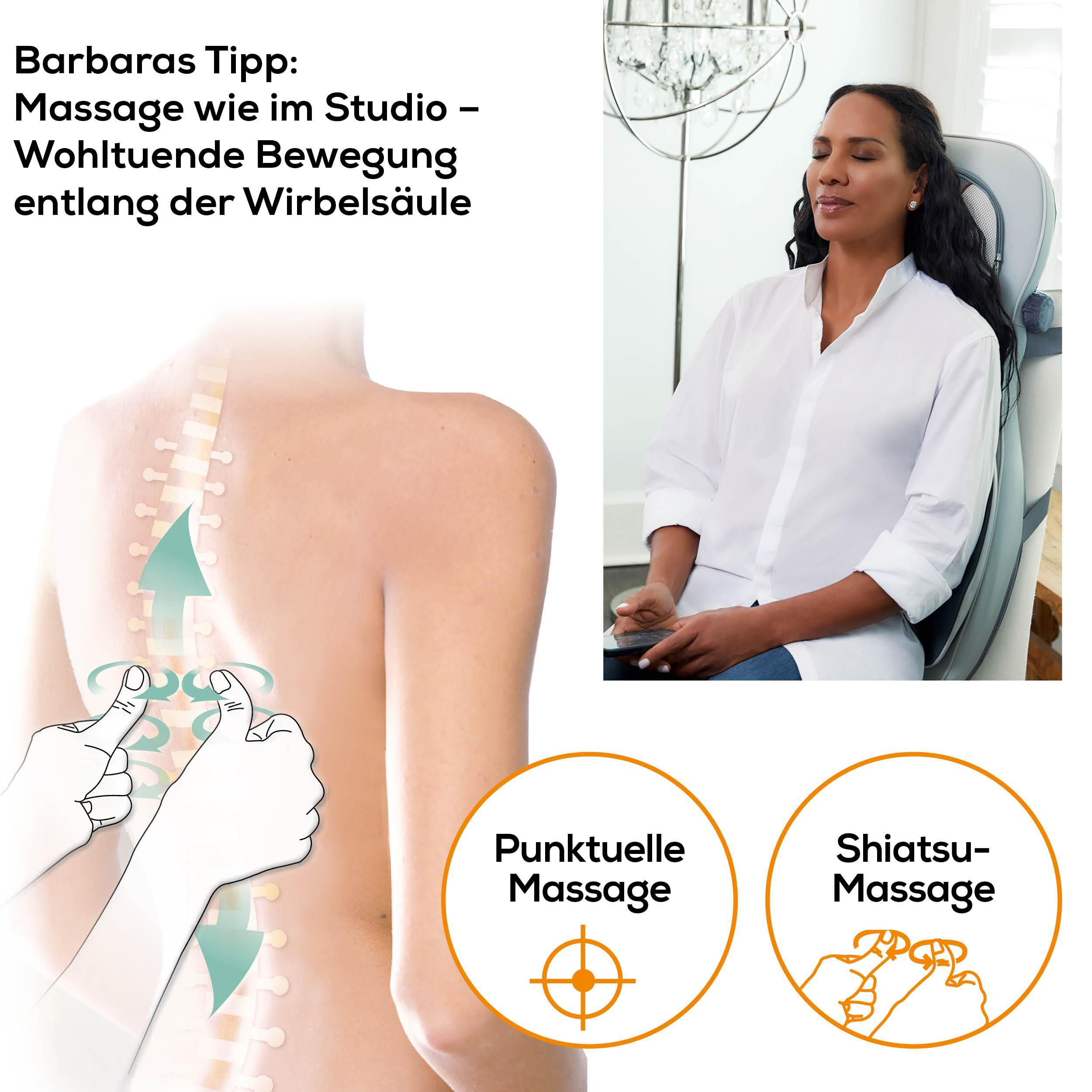 Frau in Weiß genießt Massage auf einem Stuhl. Wirbelsäule mit Pfeilen illustriert.